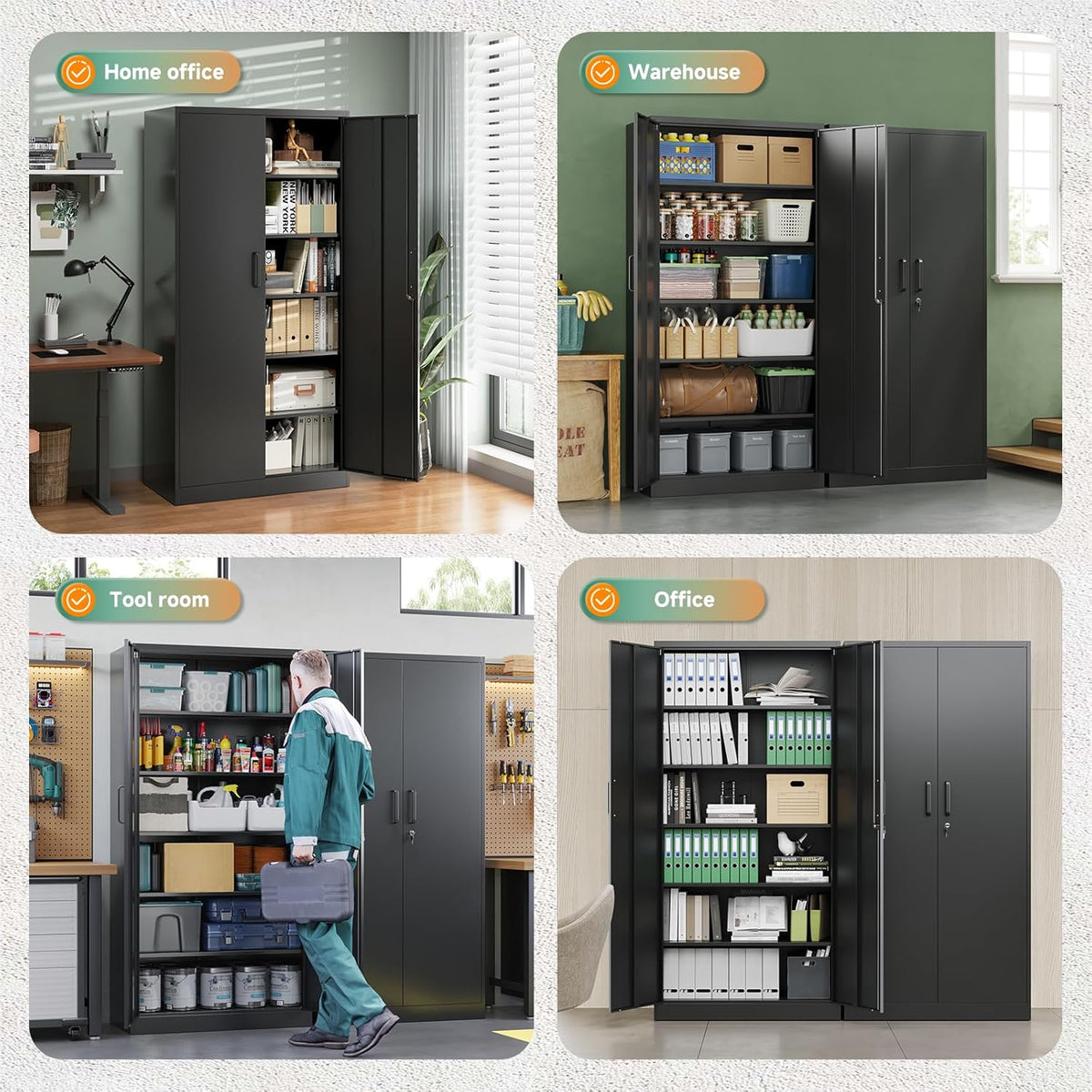 Four-scene collage of the cabinet used in a home office, warehouse, tool room and office to store files, tools and supplies,