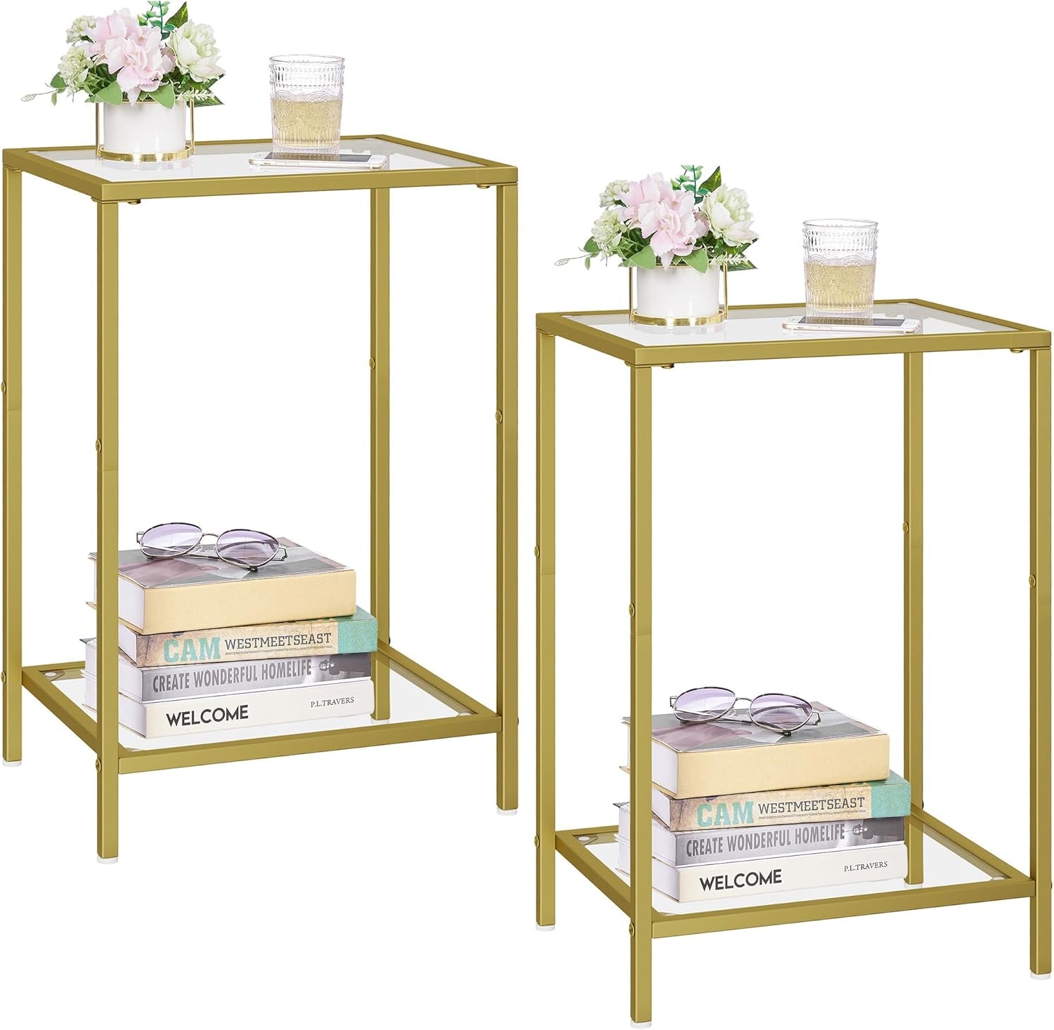 Pair of gold metal side tables with tempered glass shelves shown together on white background