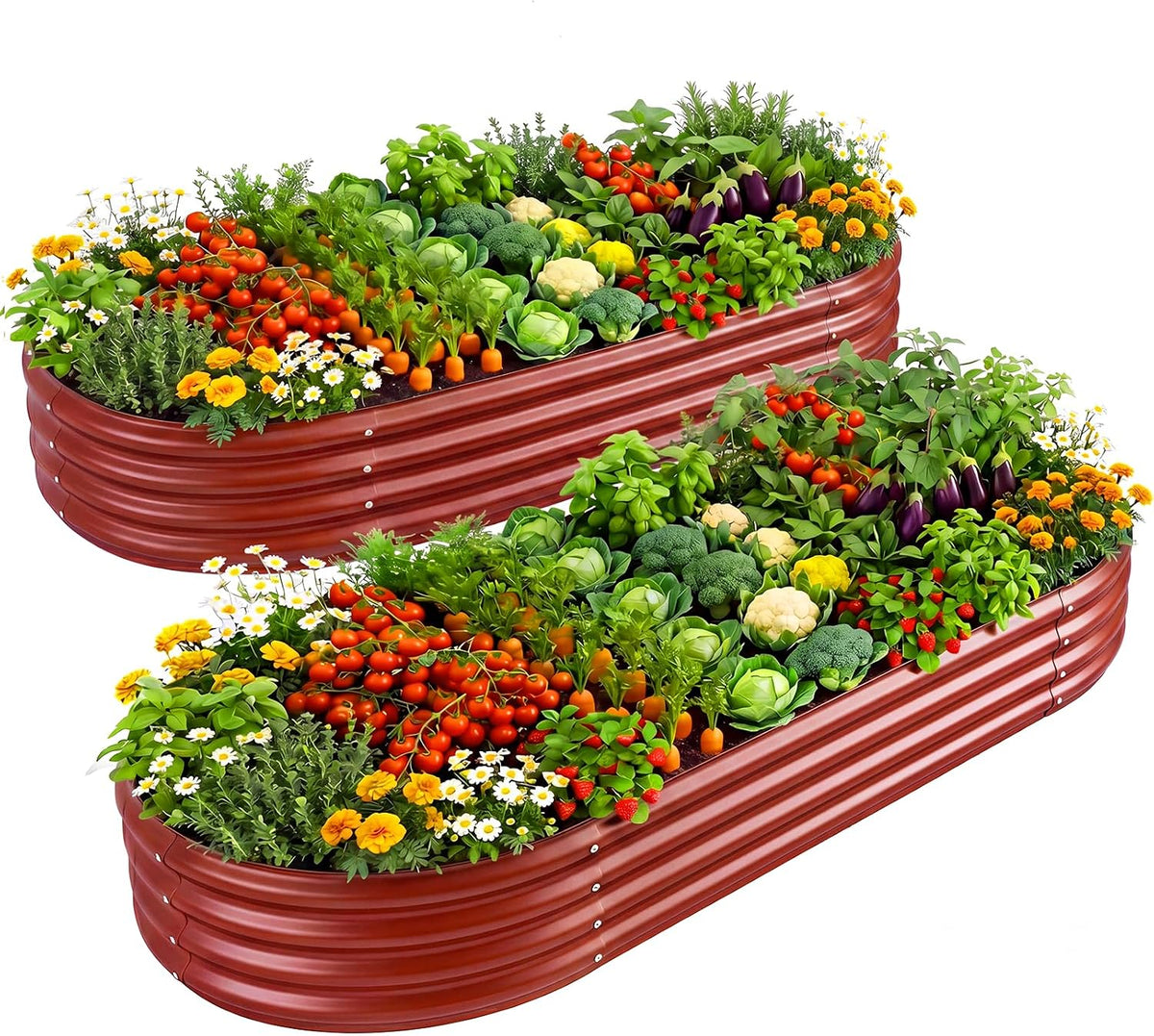 Two oval red galvanized raised garden beds filled with vegetables and flowers