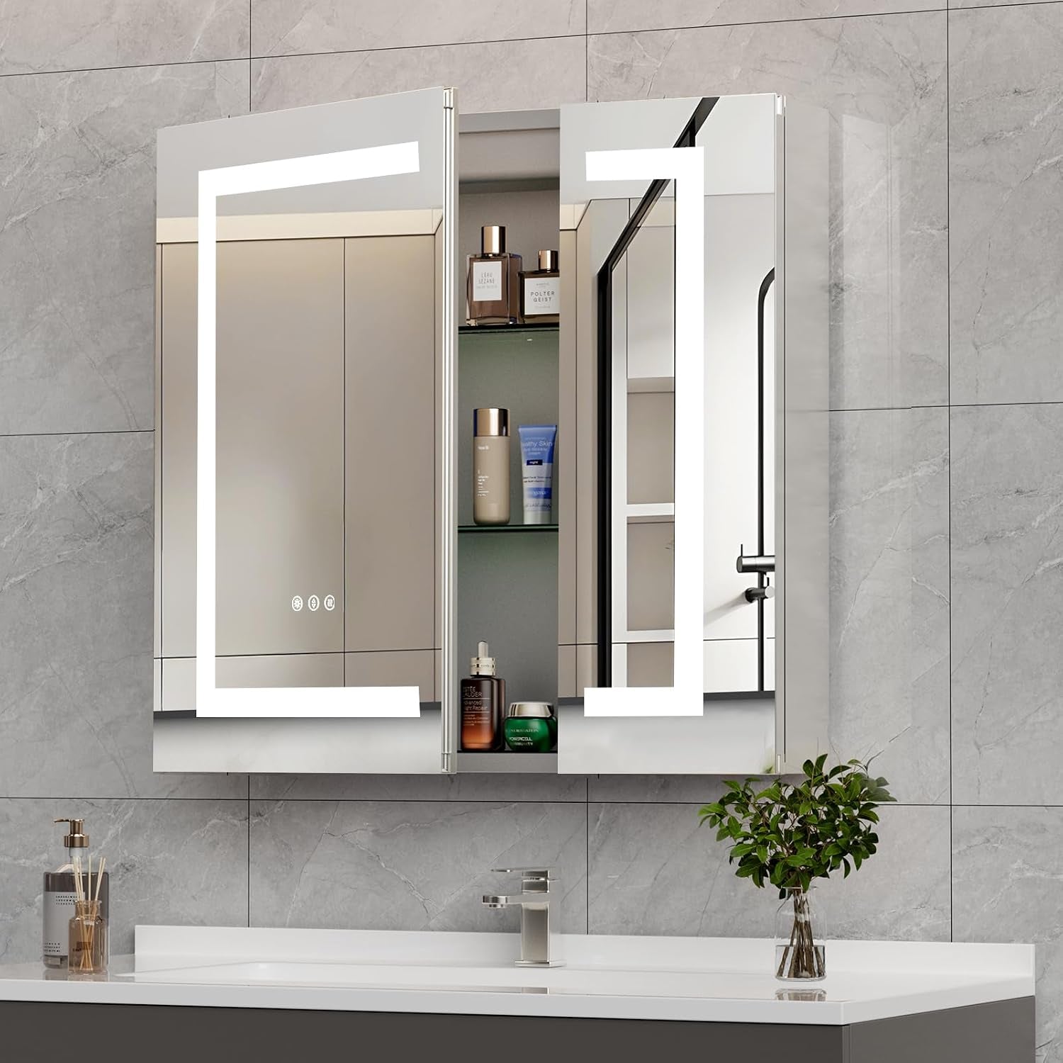 Front view of the cabinet with one door ajar revealing glass shelves, toiletries and illuminated LED light frame with touch