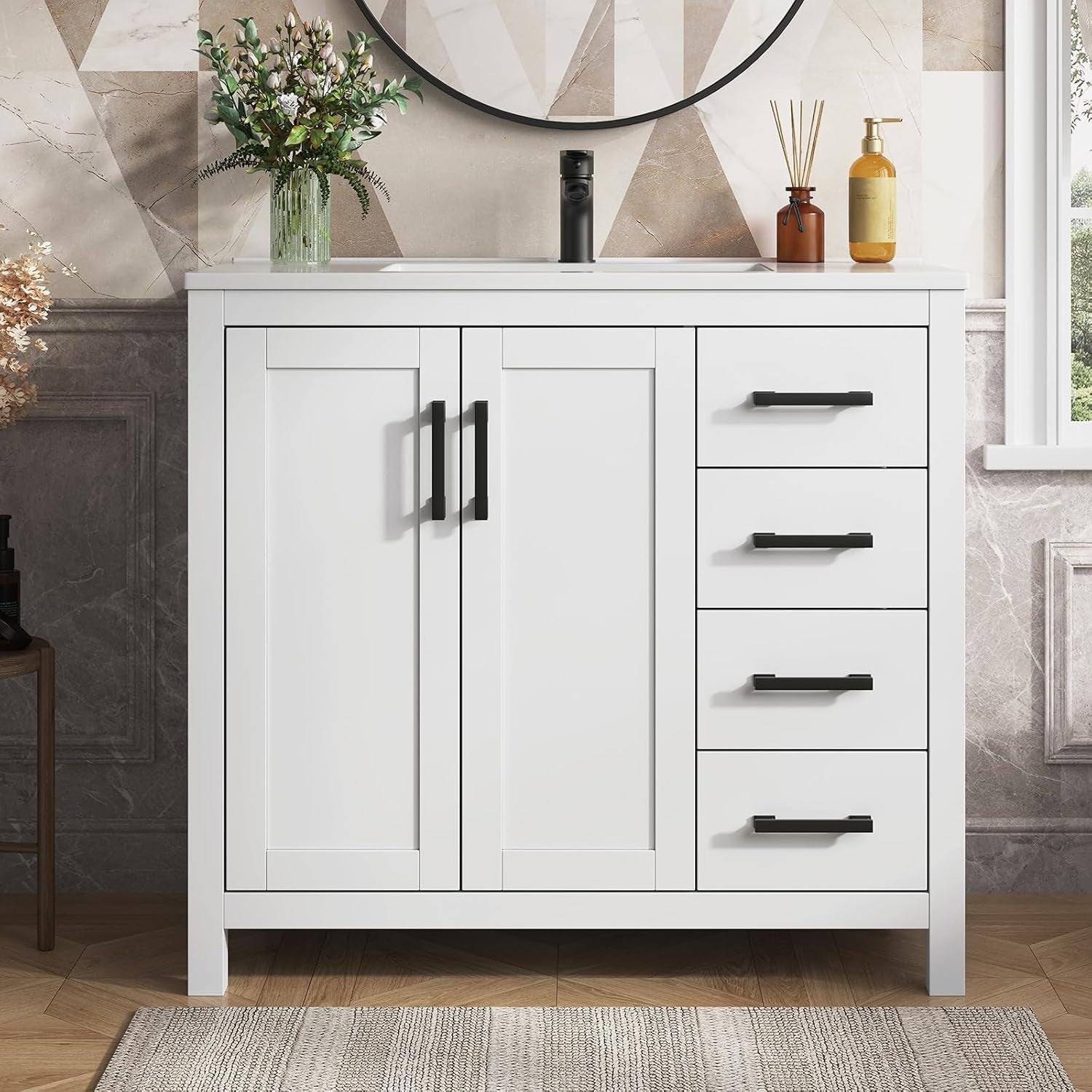 Front view of a wider white vanity with two center doors and four stacked drawers on the right.