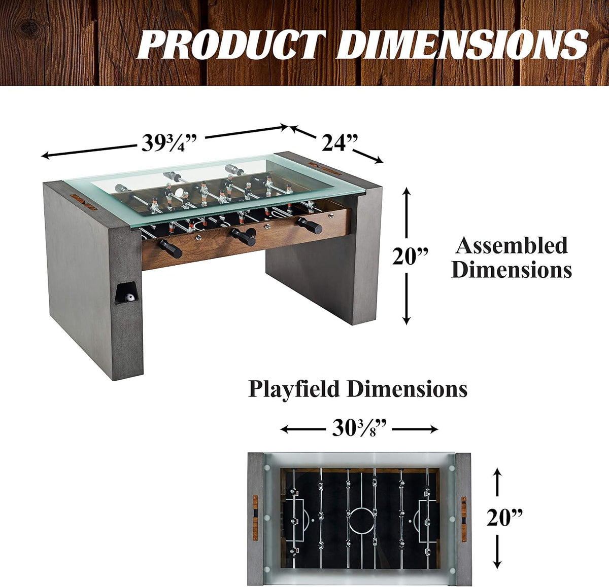 Foosball coffee table with dimension arrows showing assembled and playfield measurements