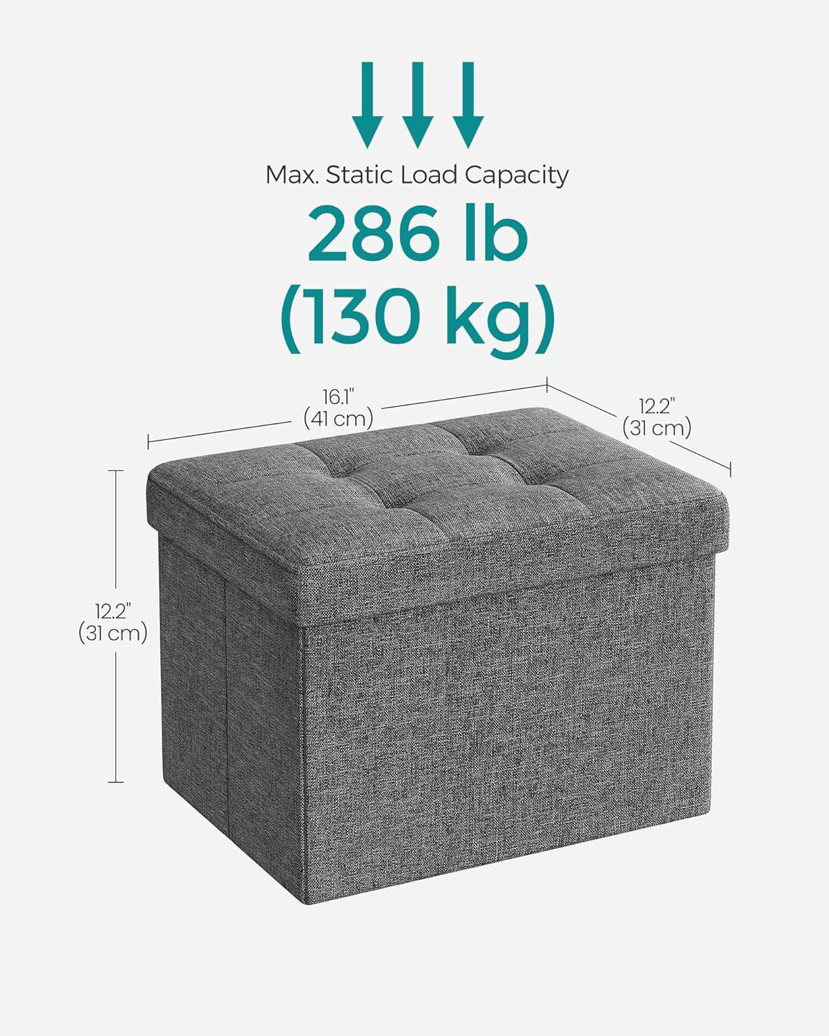 Dimensional graphic of dark gray ottoman with measurements 12.2" x 16.1" x 12.2" and 286 lb load capacity
