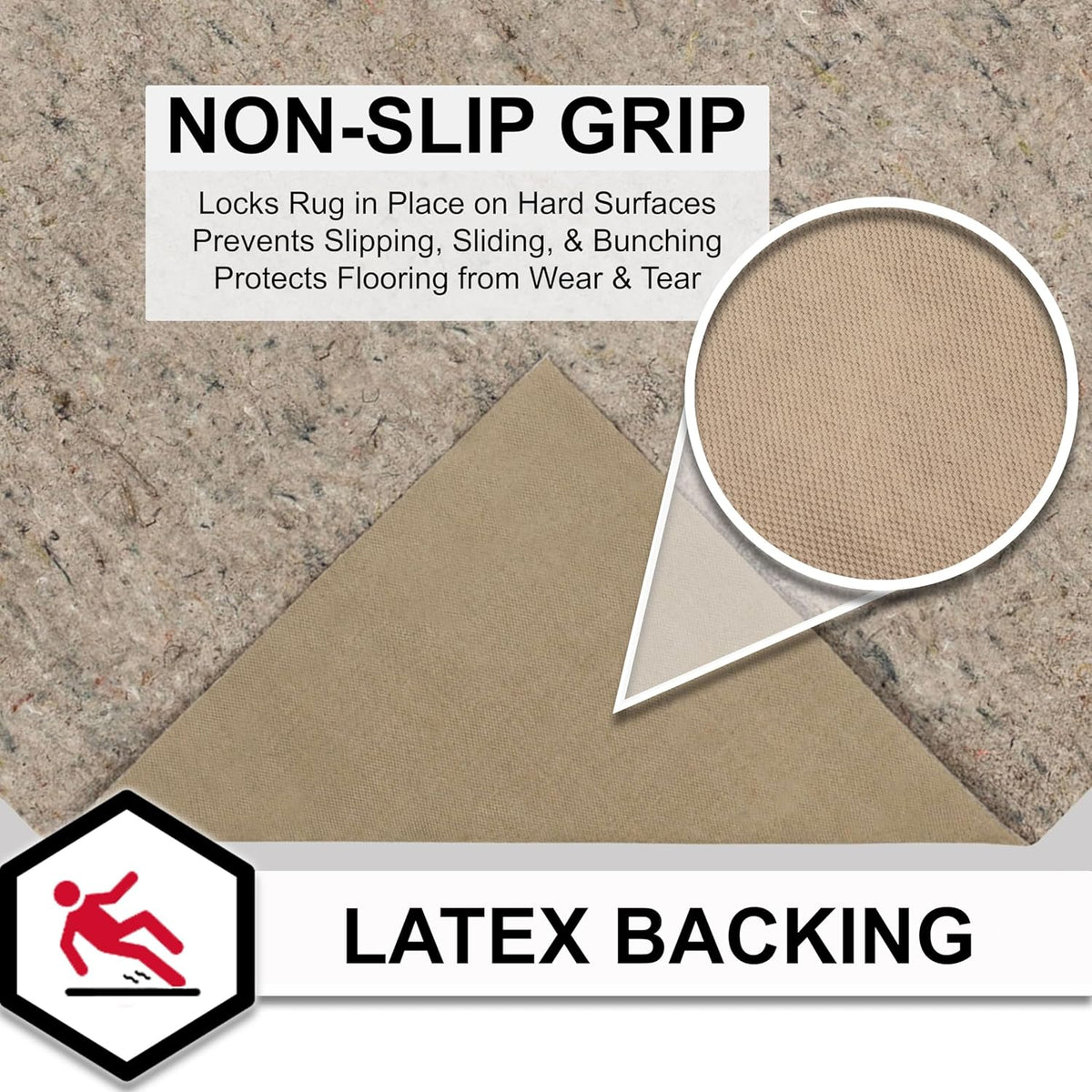 Close-up of latex gripper backing showing textured non-slip surface on the pad underside