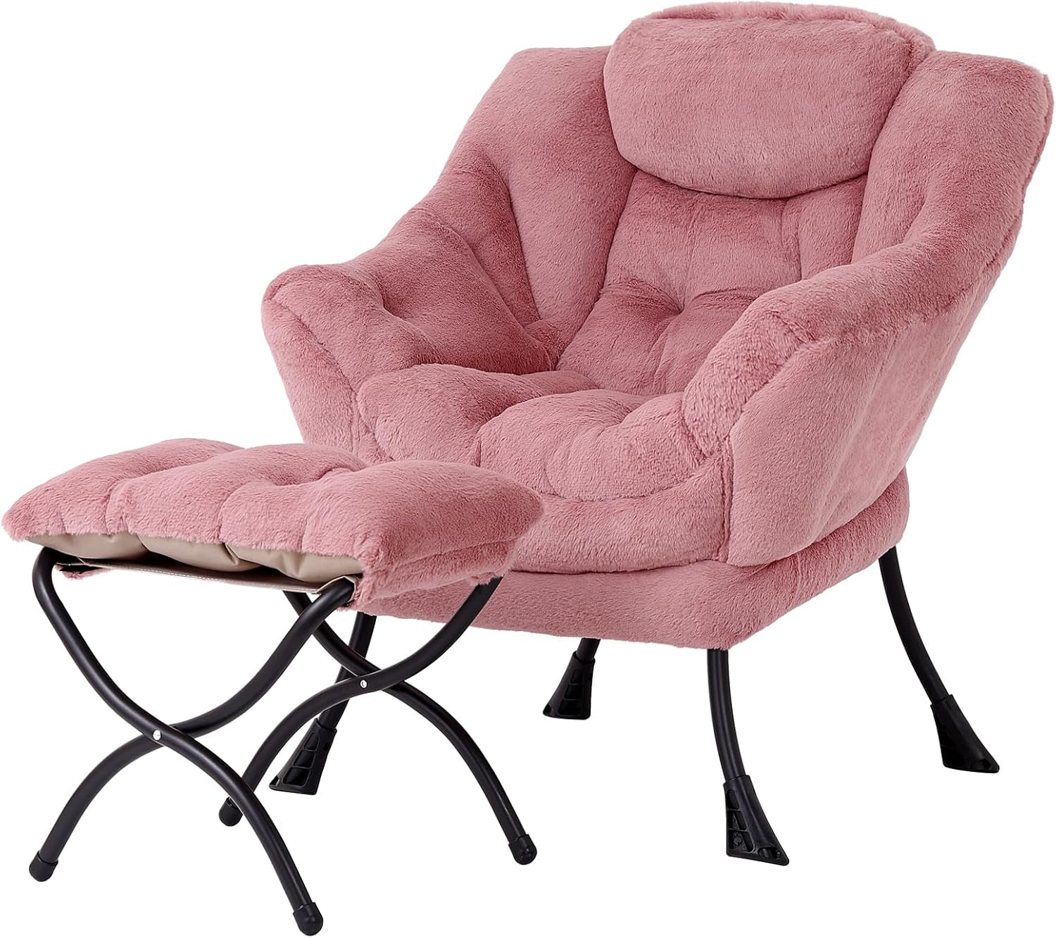 Soft pink plush lounge chair paired with a matching padded ottoman and black metal frame legs.