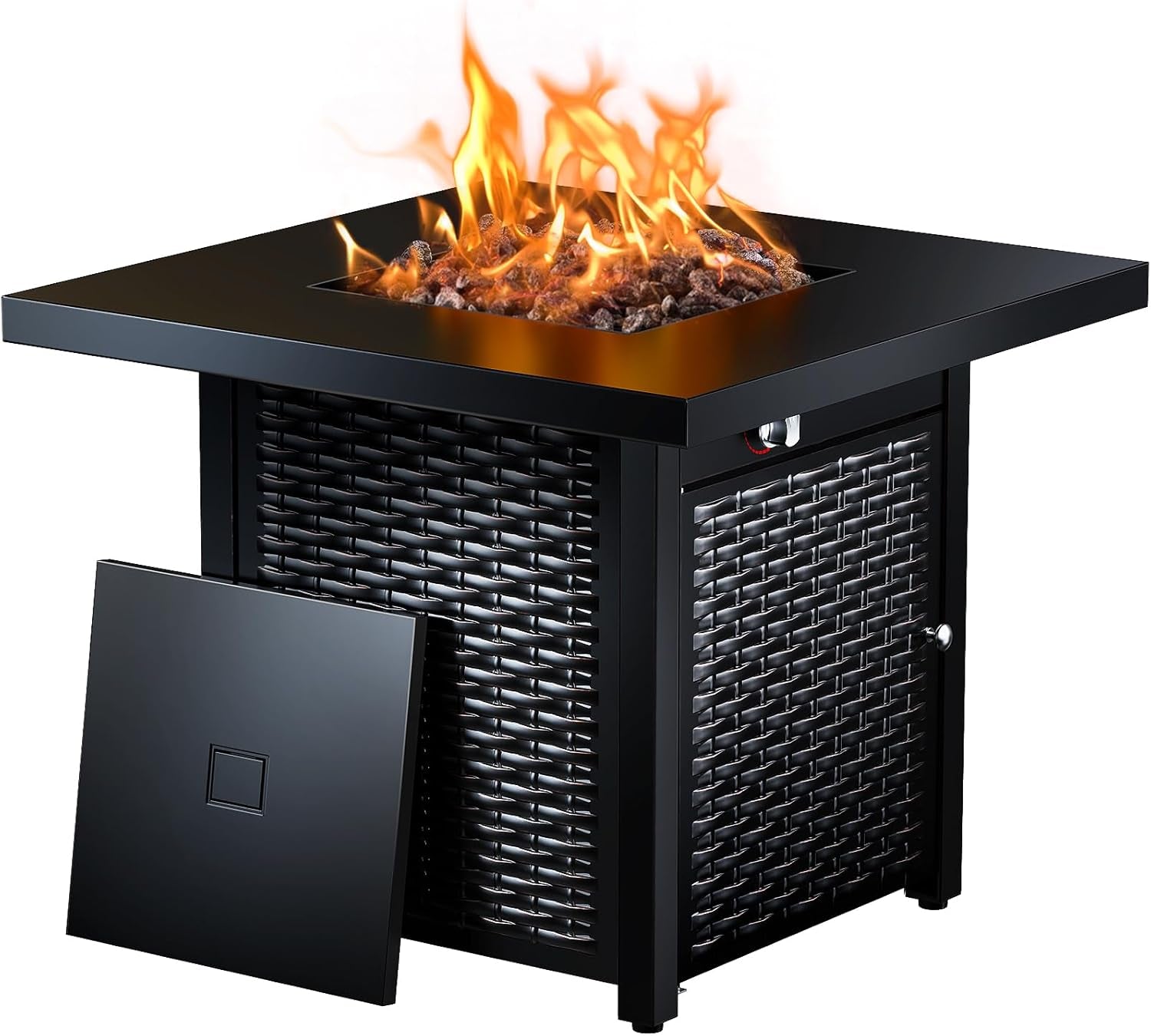 Black square propane fire pit table front view with lava rocks burning and lid panel leaning against the base