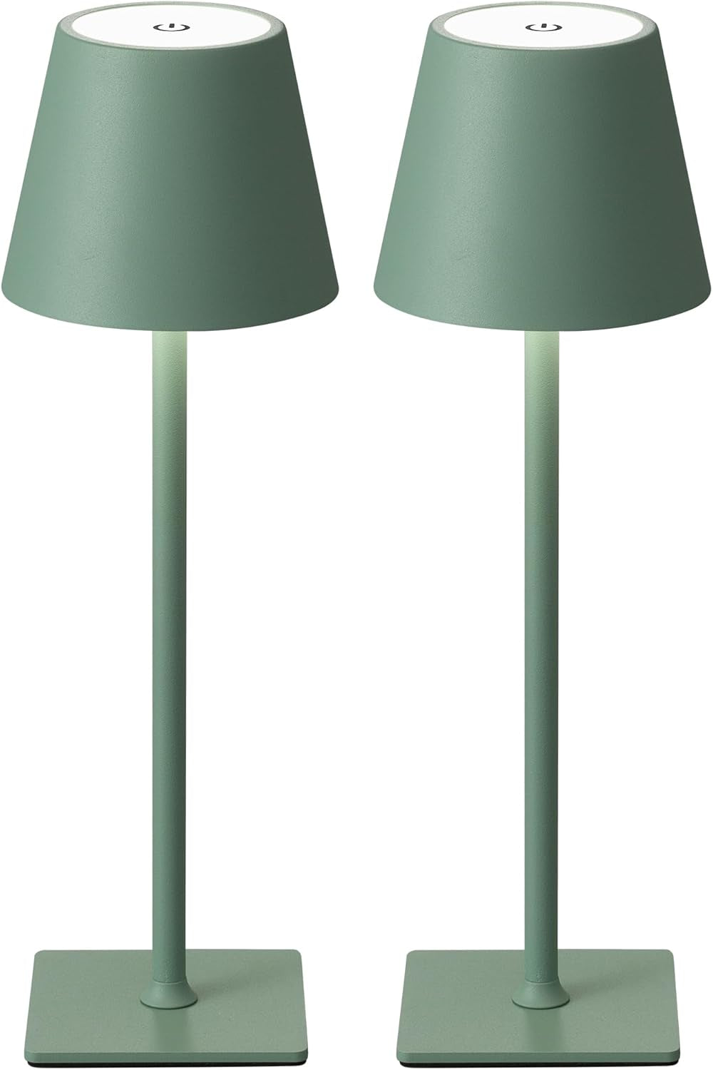 Two muted green cordless table lamps shown front view on a white background.