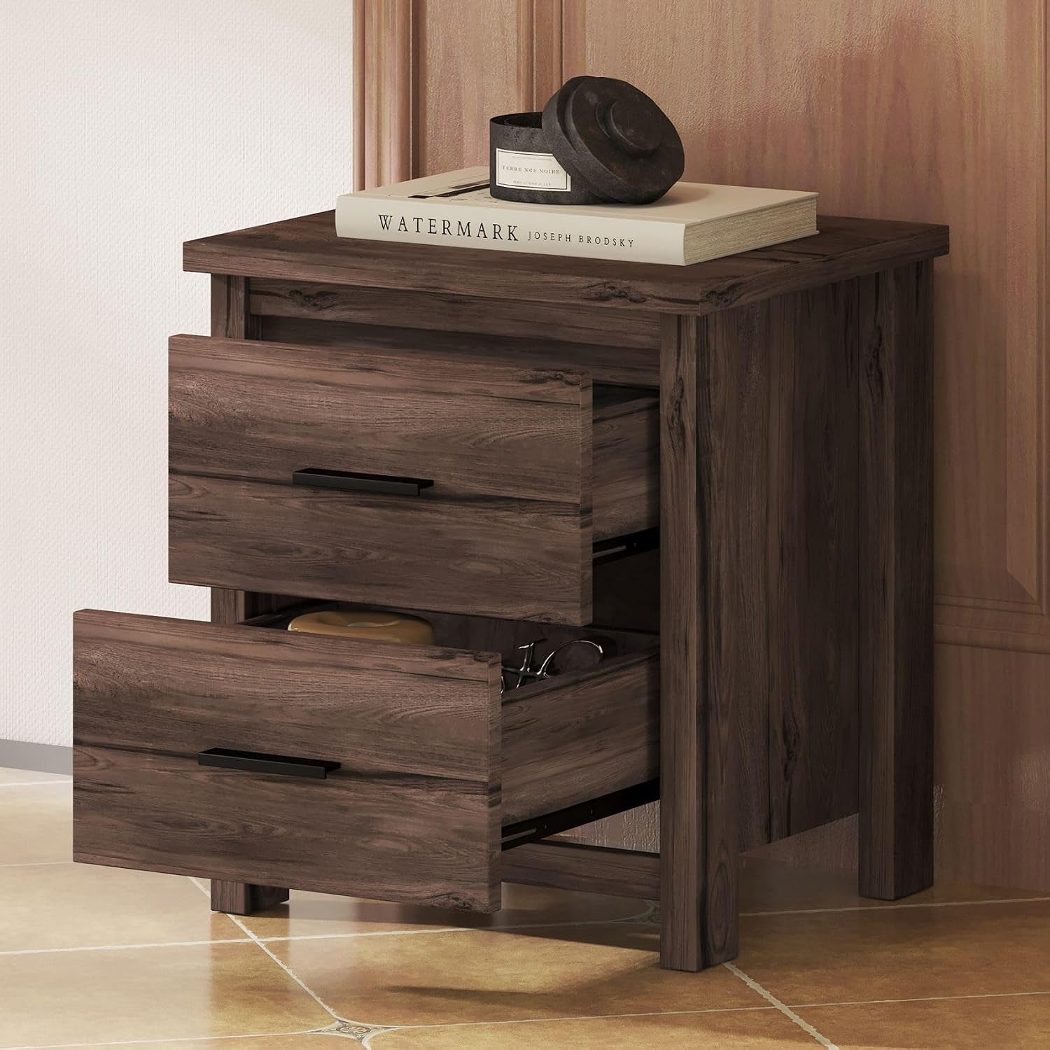 Dark walnut nightstand with two drawers open showing interior storage and black drawer handles