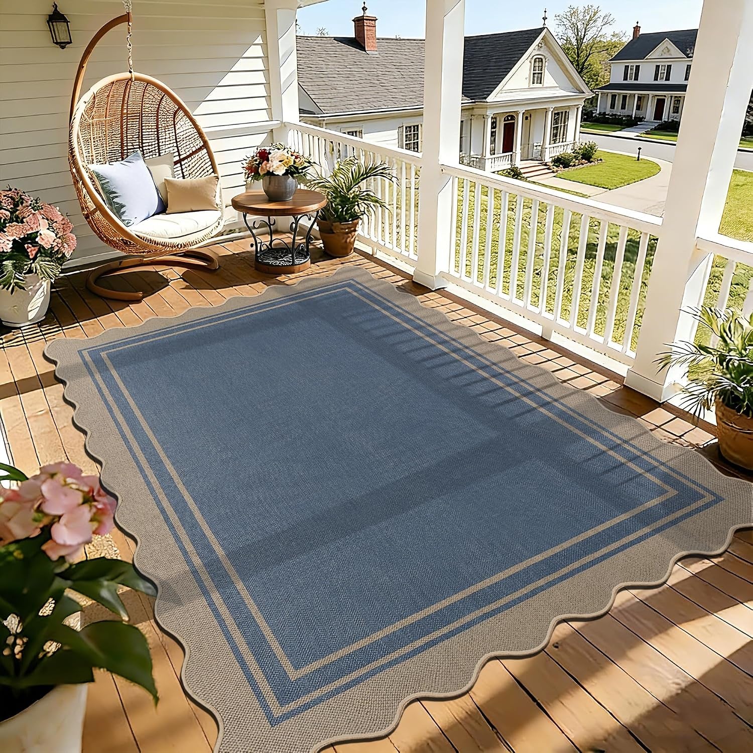 Zeeinx 5x7 Scalloped Rug Easy Jute Washable Outdoor Patio Rug | Indoor Outdoor Black Geometric Neutral, gallery view 13