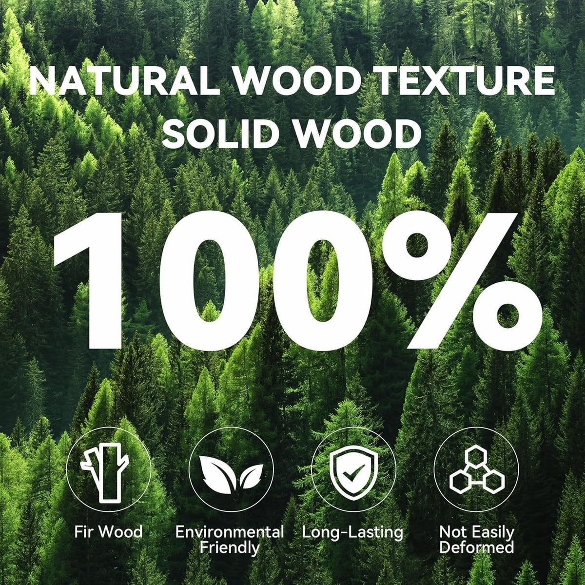 Aerial-style view of a dense evergreen forest with white graphic elements and icons overlaid.