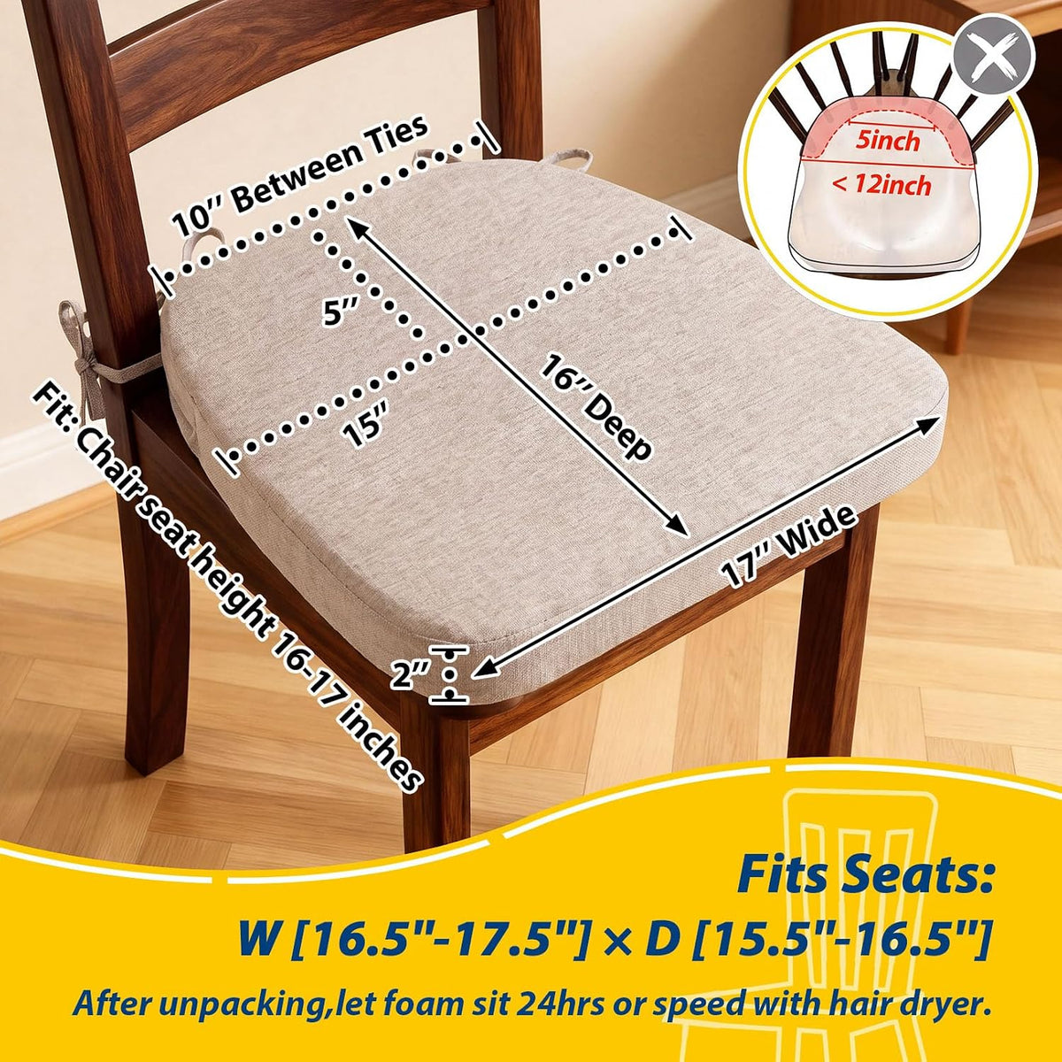 Oatmeal beige D-shaped cushion tied to a wooden chair with arrows and measurements overlaid