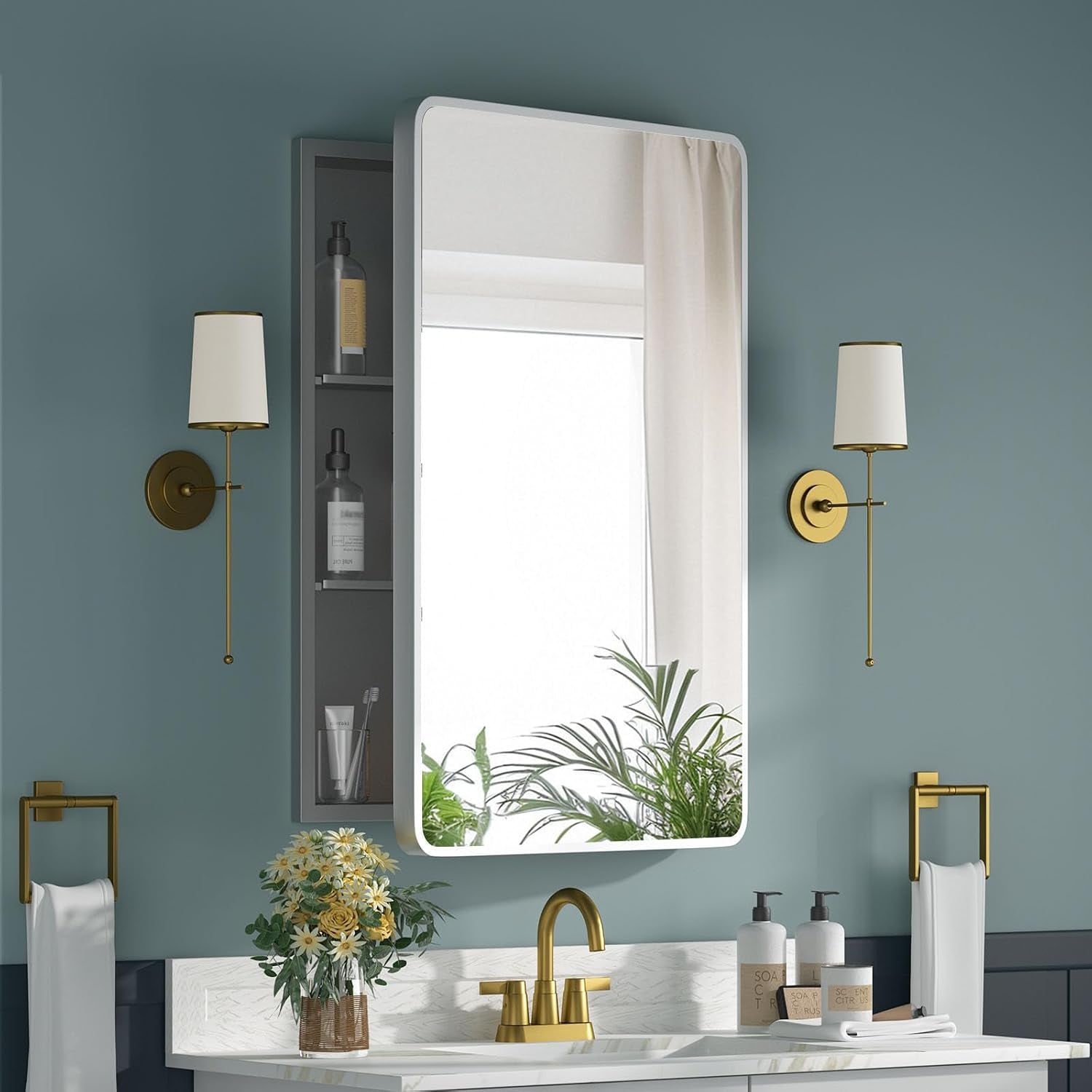 Close front view of a wall-mounted rectangular mirror cabinet showing open left shelving and bathroom decor