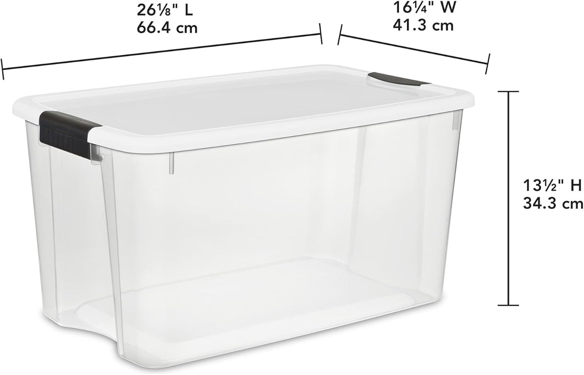 Single clear storage bin on white background with length, width and height dimensions marked around it.