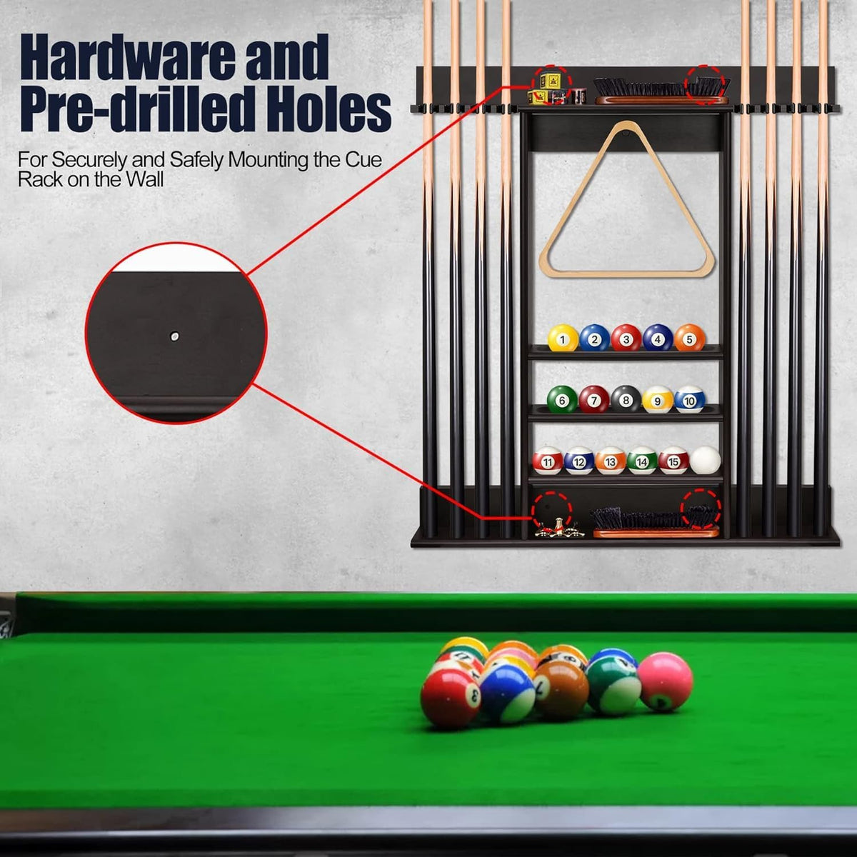 Green pool table in foreground and a black wall-mounted cue rack with cues, balls and inset red-callouts showing mounting