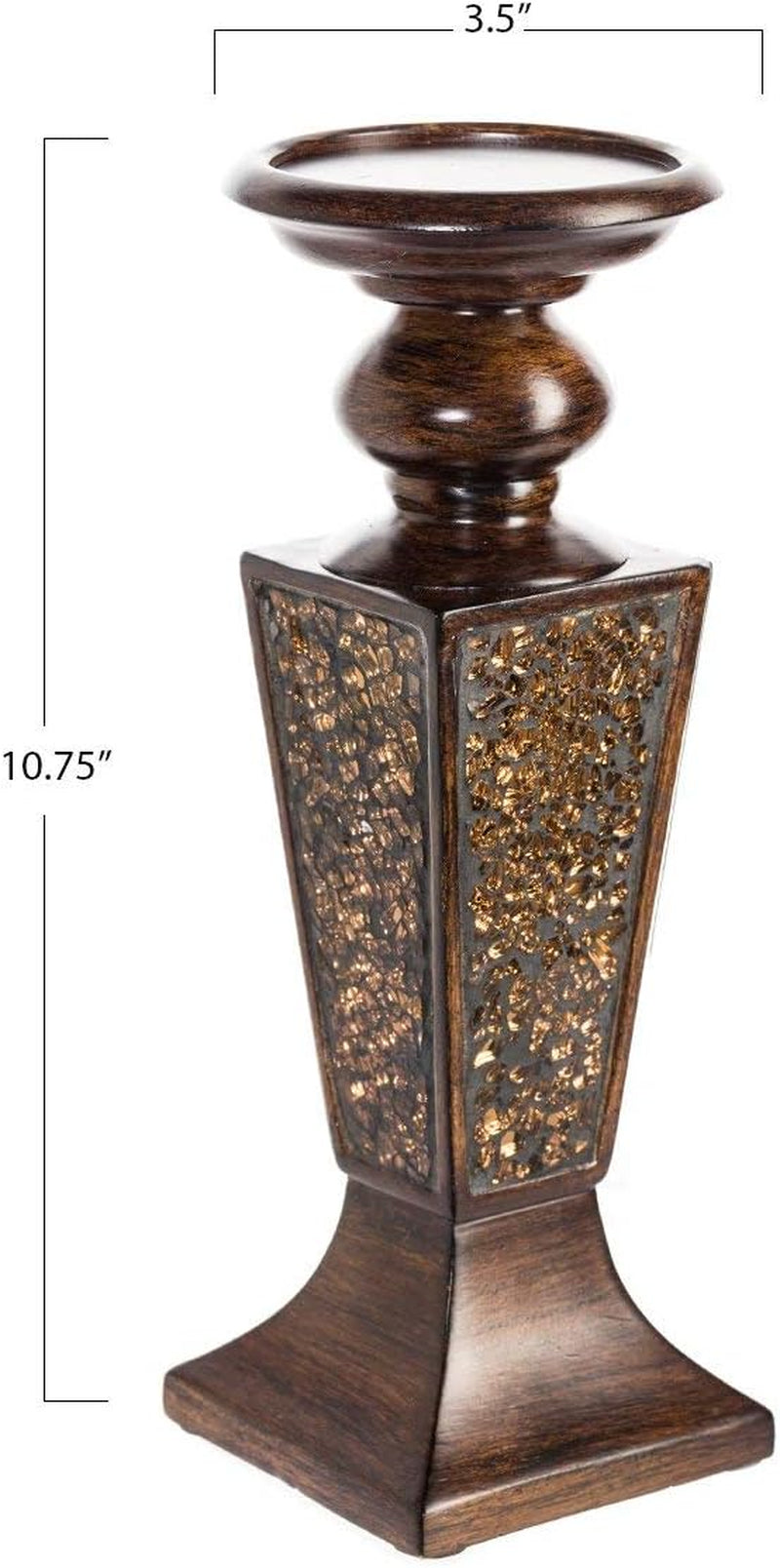 Single brown pillar candle holder with crackled mosaic panels showing 10.75-inch height and 3.5-inch top diameter