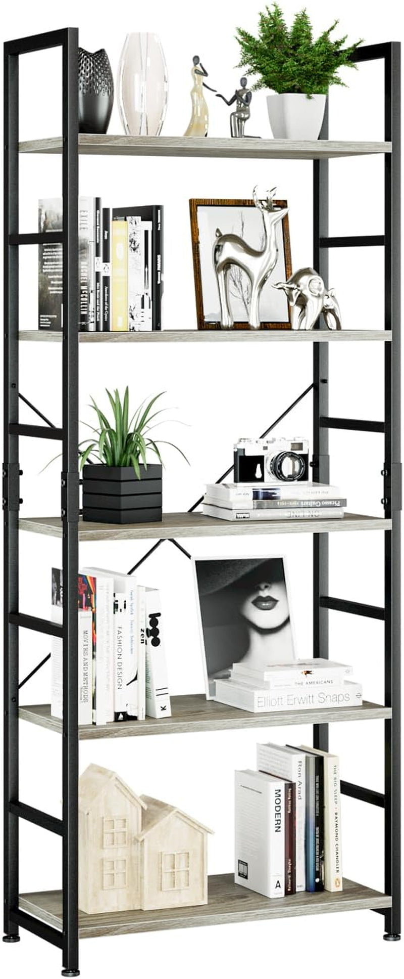Tall shelving unit with weathered gray shelves and black metal sides, arranged with books and ornaments