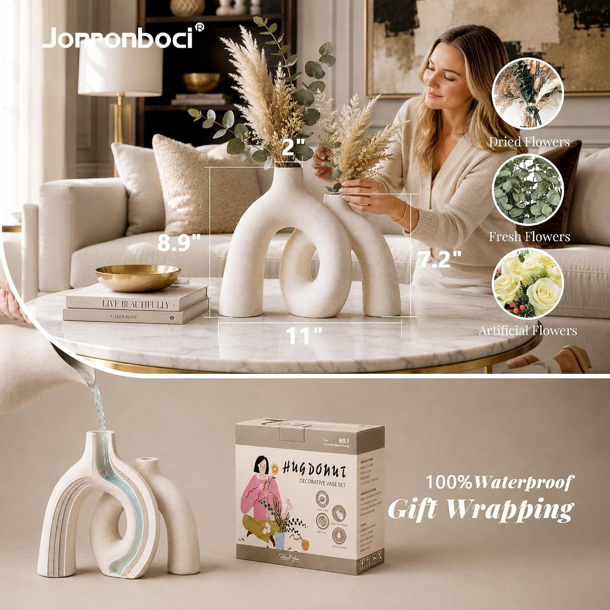 Cream ceramic donut vase on a living room coffee table as a person arranges dried stems nearby