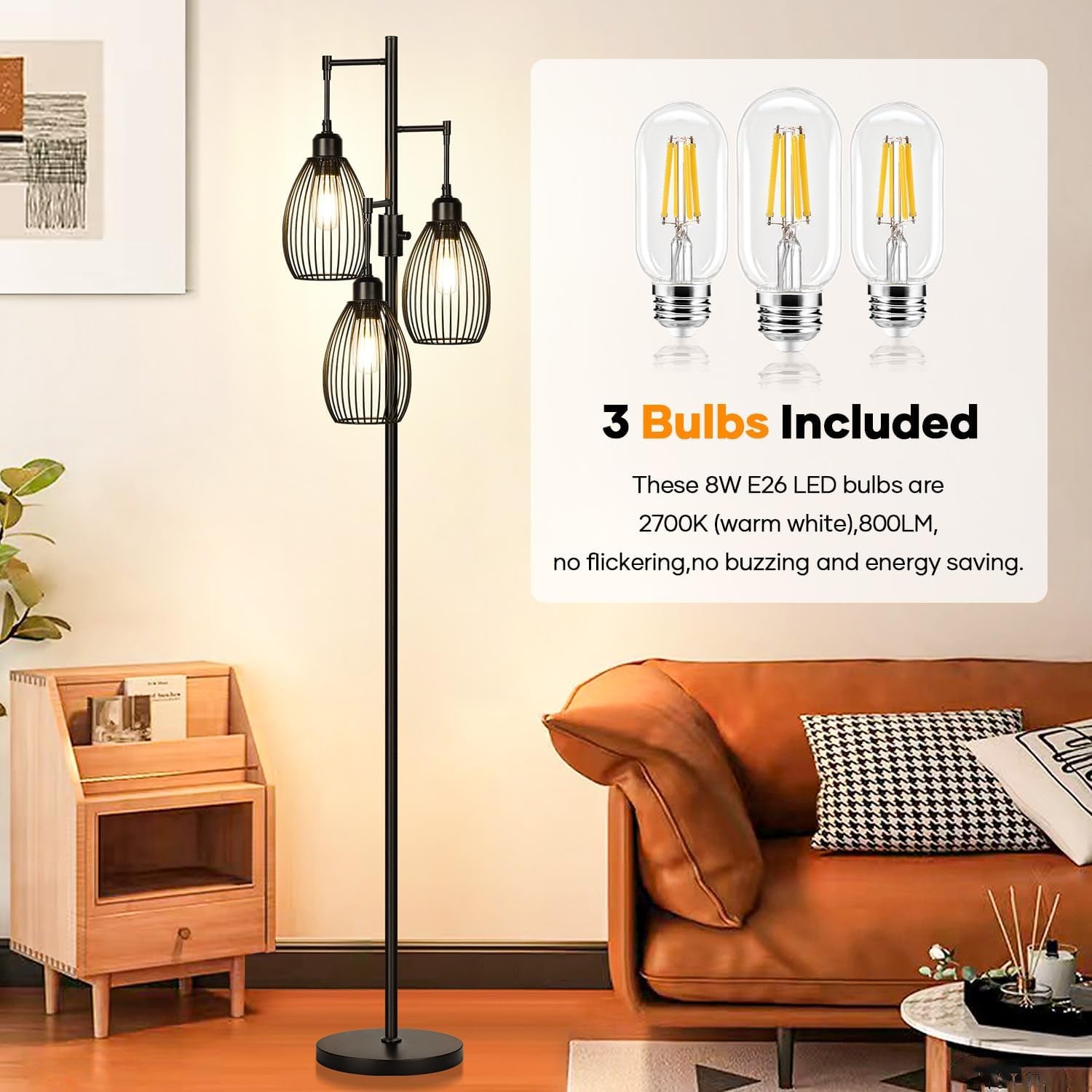 Black metal 70-inch floor lamp with three cage shades shown next to a graphic of three E26 LED bulbs included