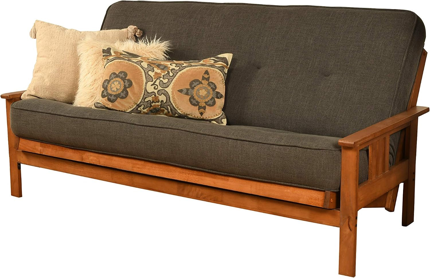 Front-angle view of full-size futon showing tufted charcoal mattress and medium-tone hardwood frame