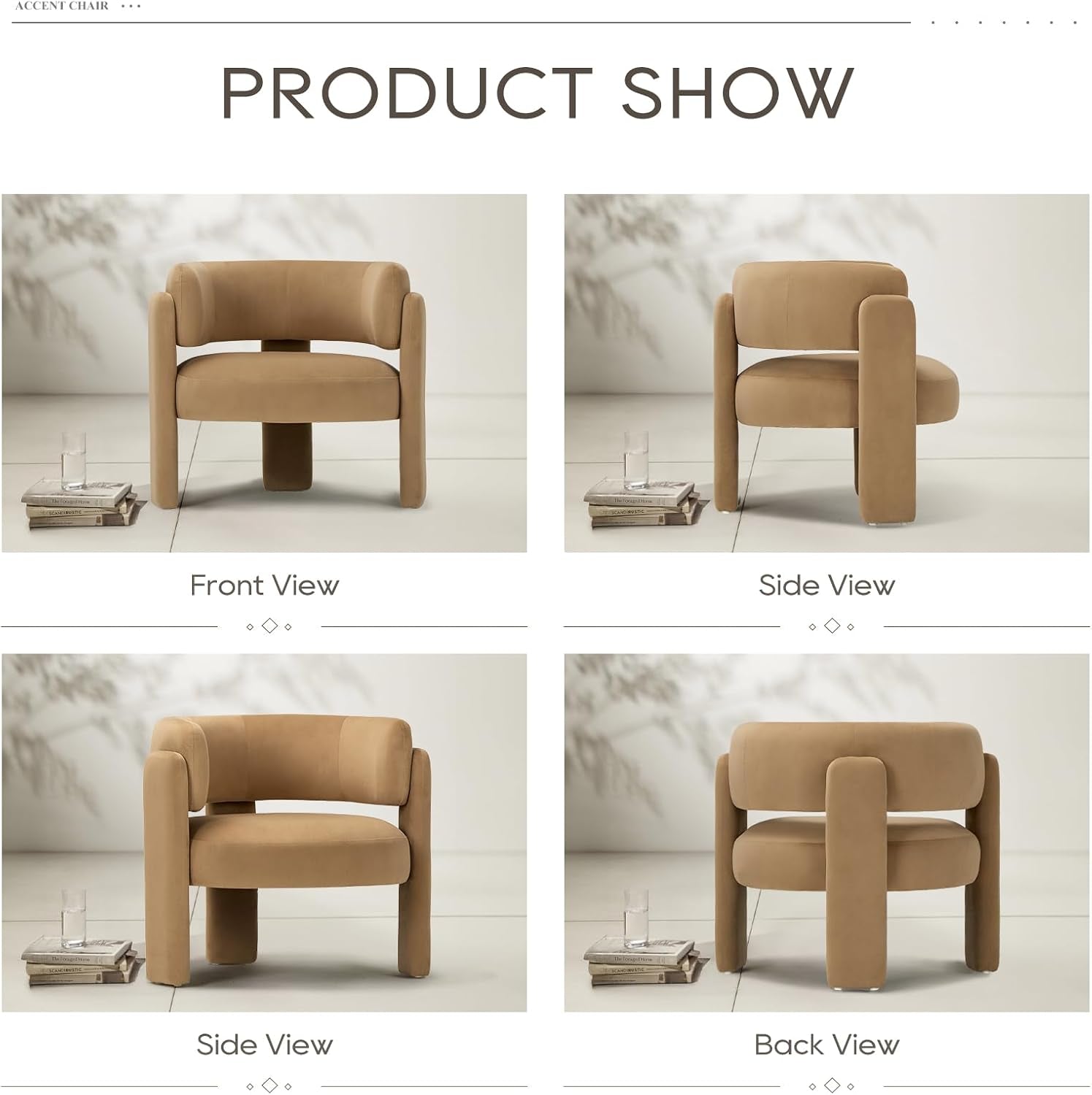 Four product views of a tan barrel accent chair: front, two side angles, and back