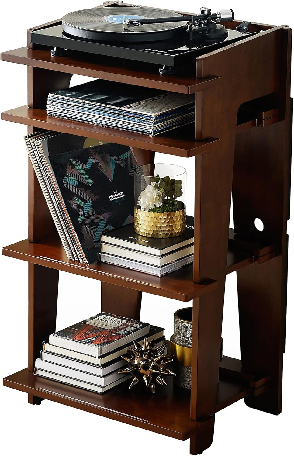 Close-up of a three-tier mahogany wood stand holding a turntable, stacked records, and decorative items.