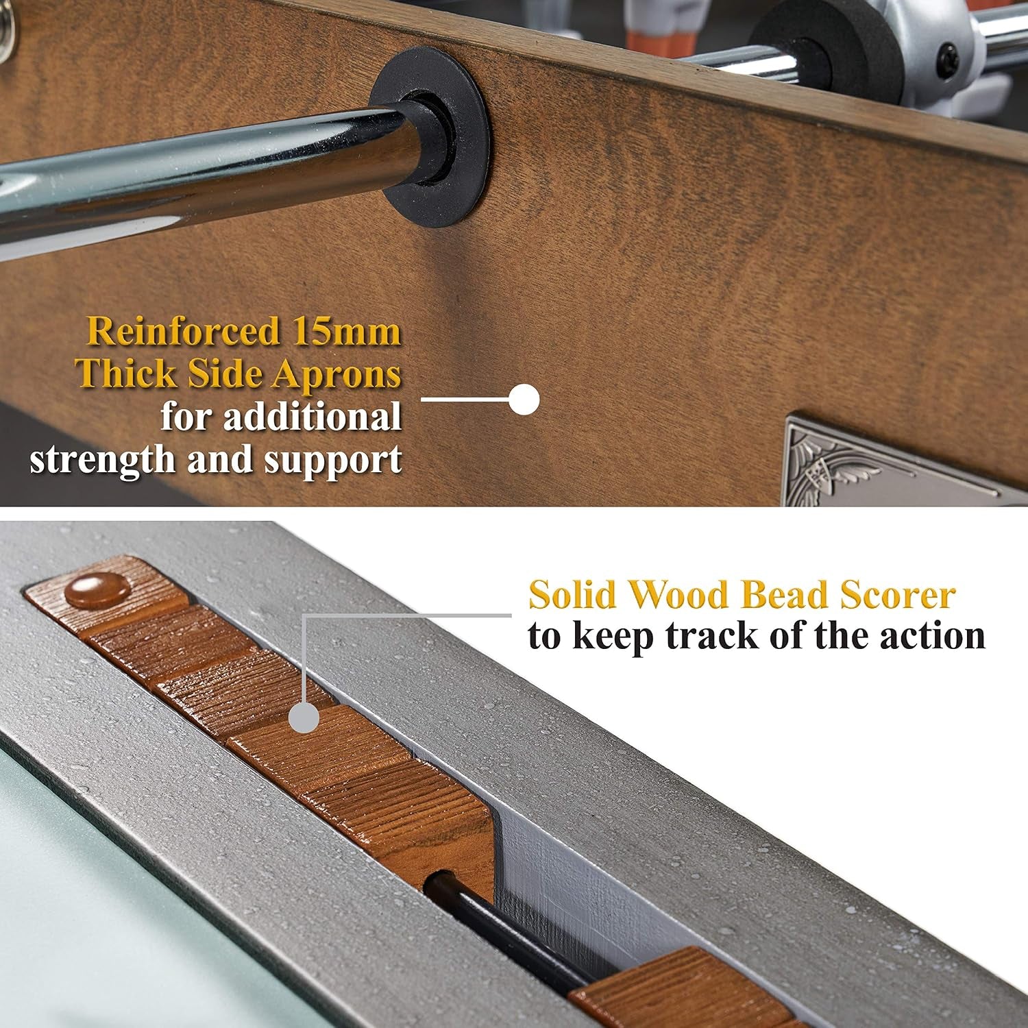 Detail of wood-finish apron and half-inch steel rod with octagonal solid wood handle