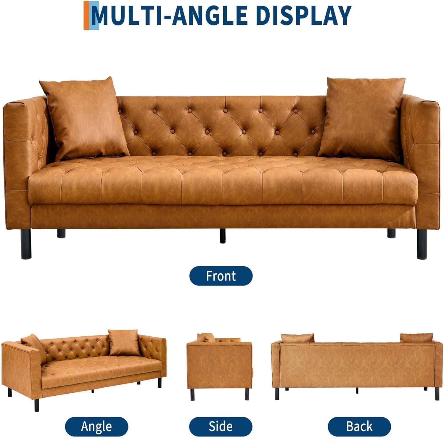 Front view of a tan button-tufted three-seat sofa with two throw pillows and black legs; smaller angle, side, back