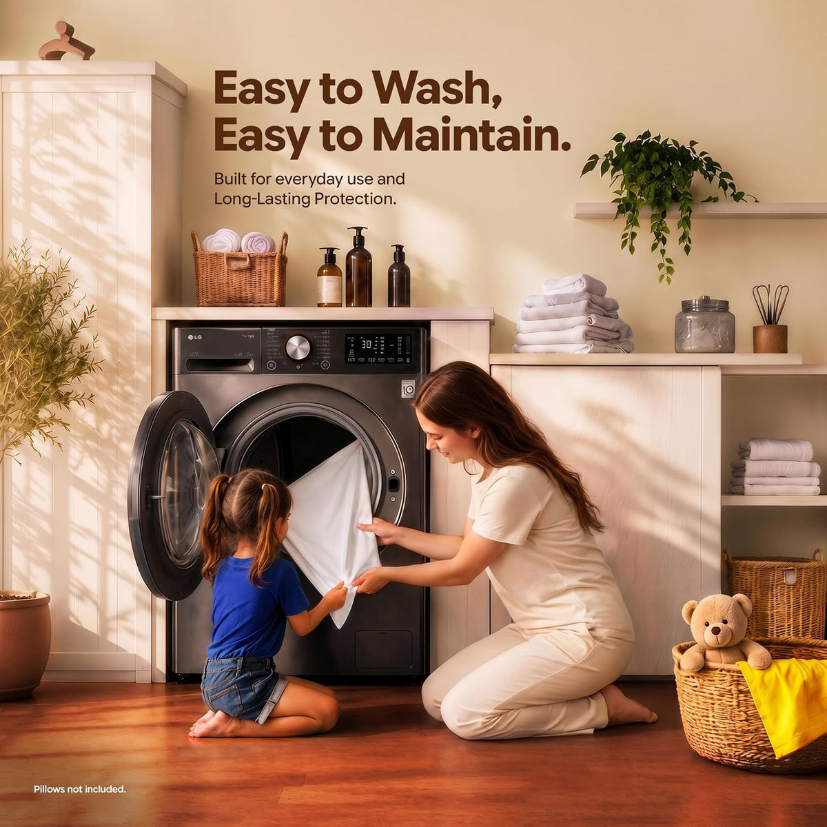 Mother and child loading a white pillow protector into a front‑load washing machine in a bright laundry room.