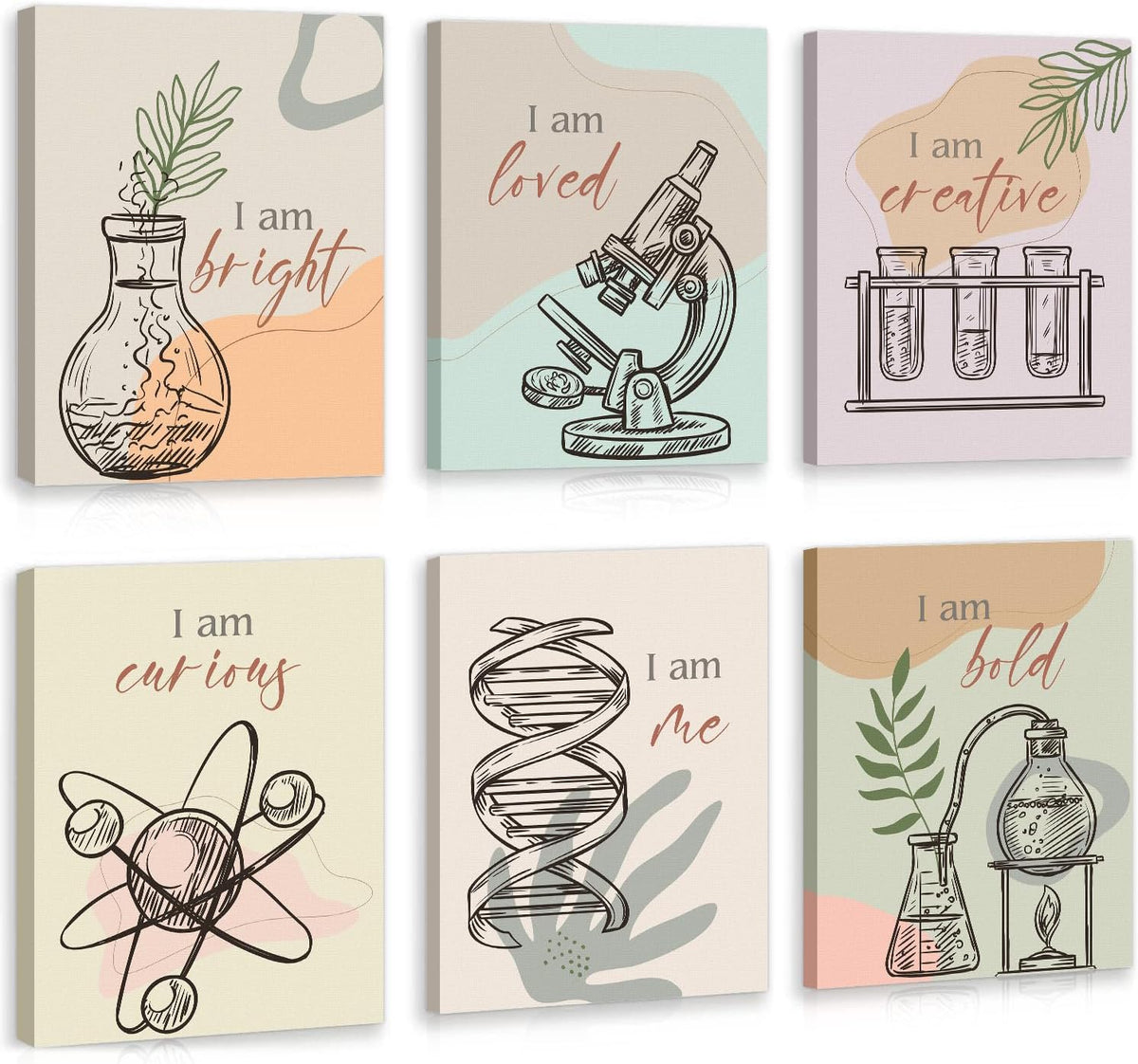 Nine pastel botanical and science-themed prints with sketched lab equipment and short affirmations, arranged three by three.