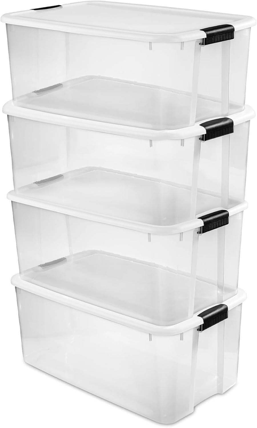 Tall stack of four clear storage tubs showing black latch detail on the right side.