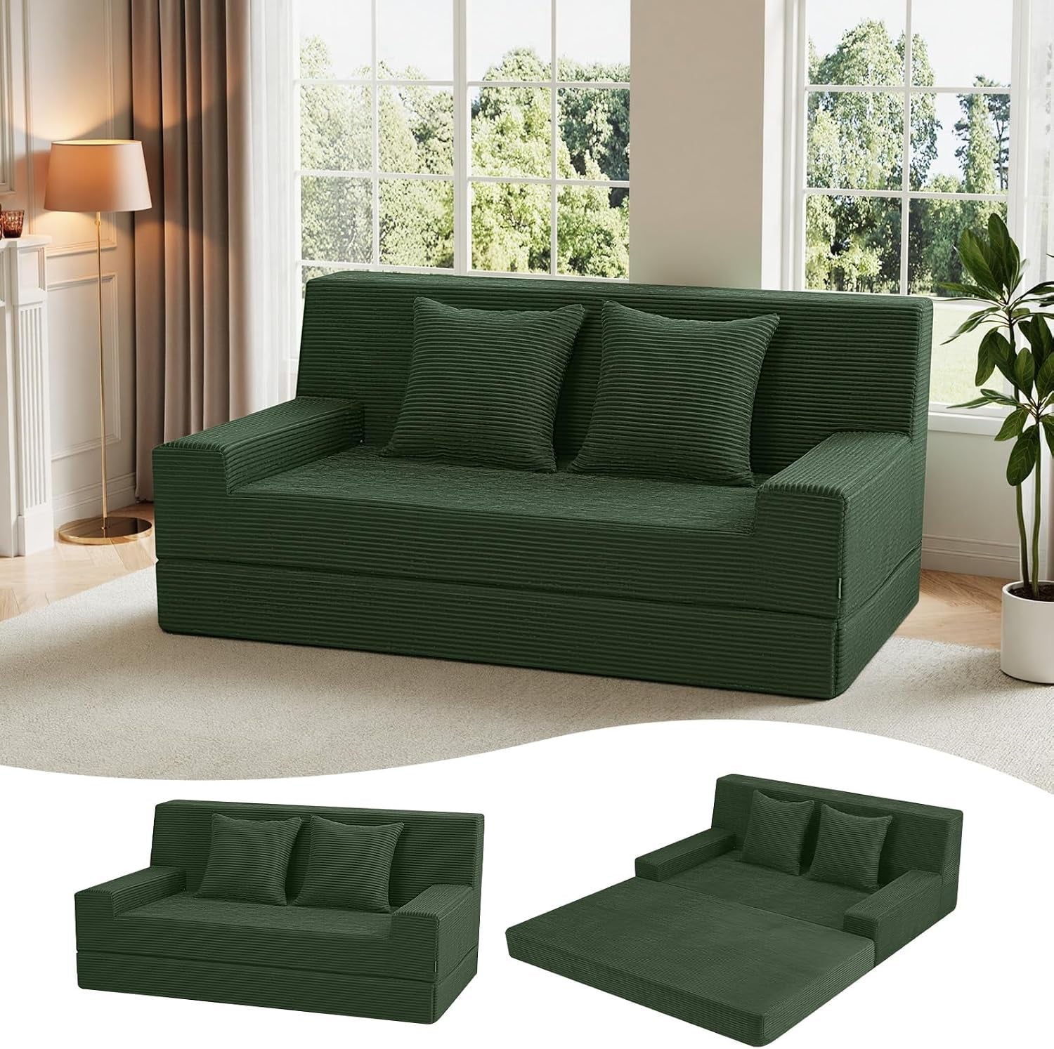 Forest green corduroy loveseat in a living room setting with two small images showing sofa and unfolded bed.