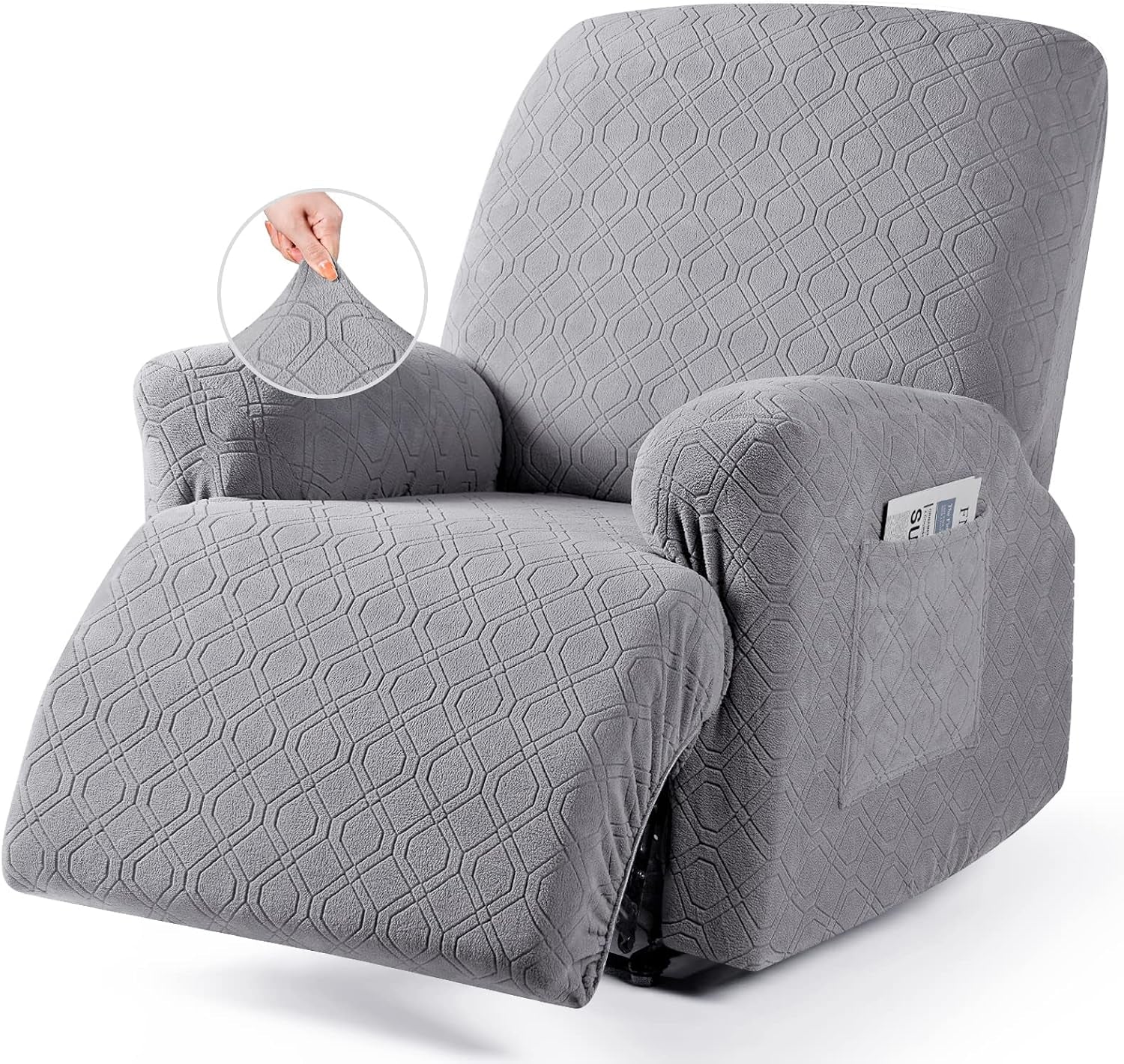 Close front three-quarter view of a single light-gray recliner covered in a textured, diamond-pattern stretch slipcover.