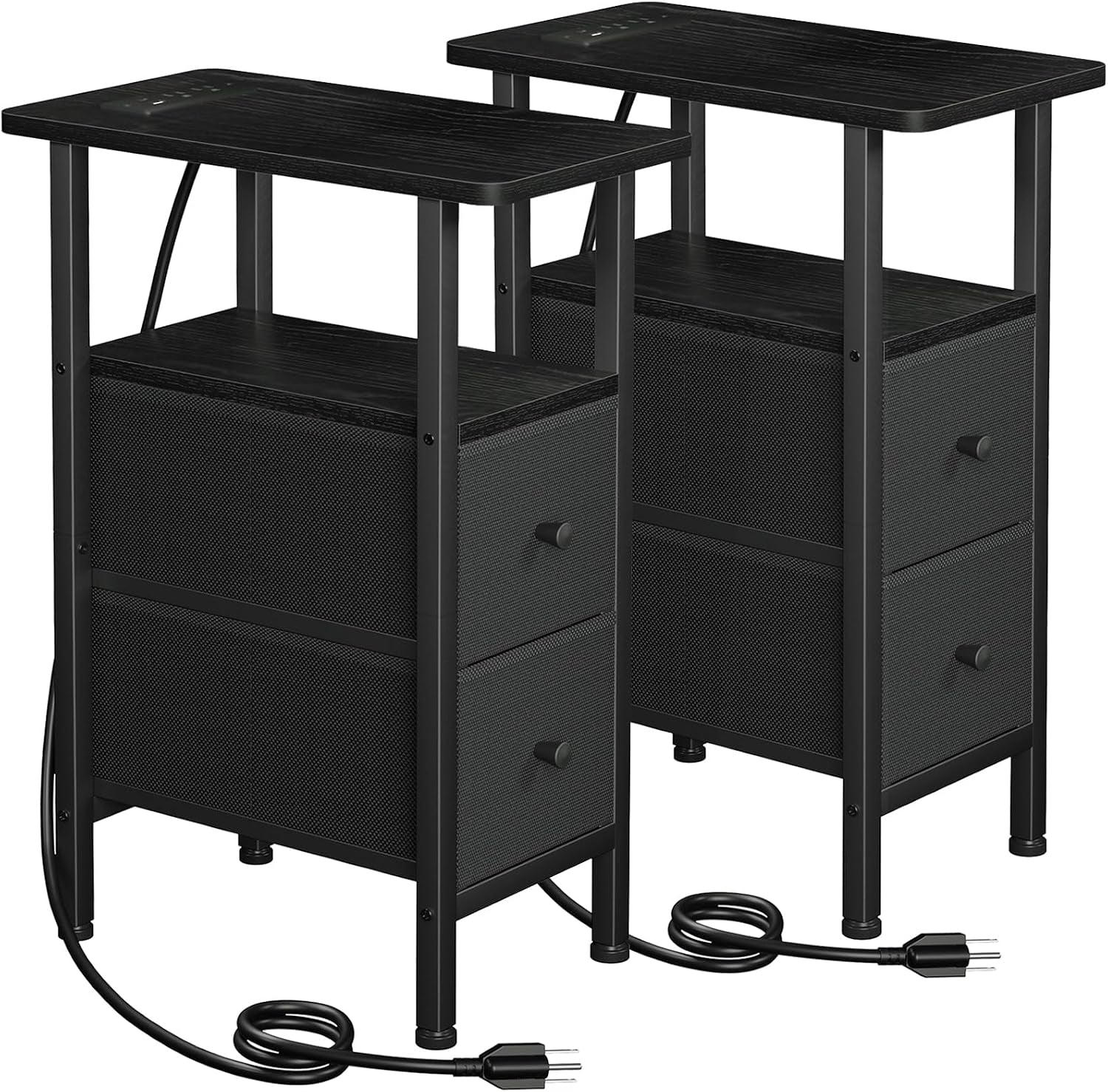 Two black narrow side tables with fabric drawers and visible power cords coiled on the floor.