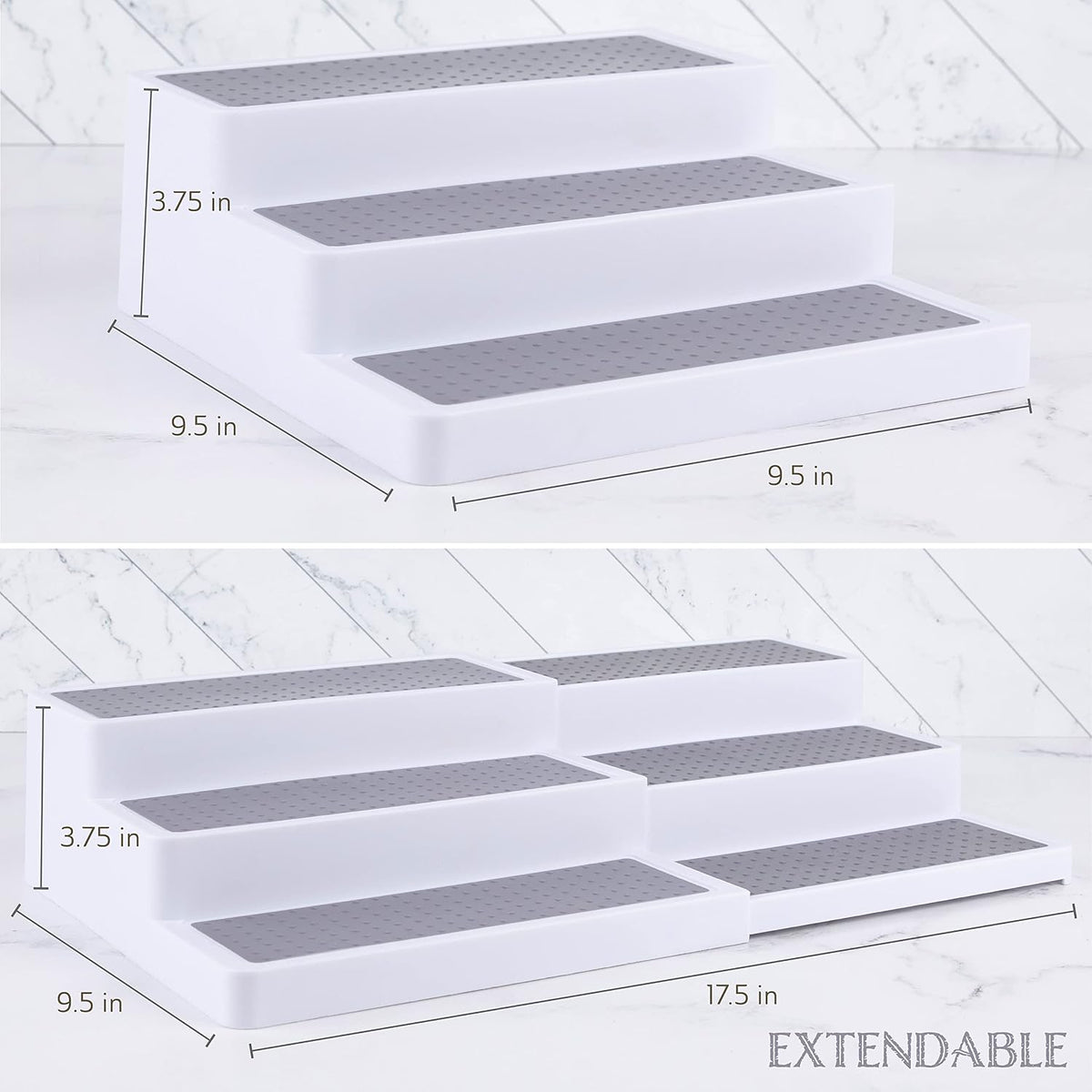 Single white 3-tier rack on a marble surface with dimension overlays showing 3.75 in height and 9.5 in depth