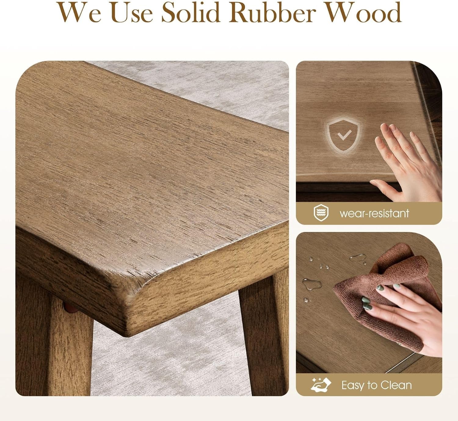 Close-up of rounded tabletop corner and stool seat showing softened edges and wipeable surface