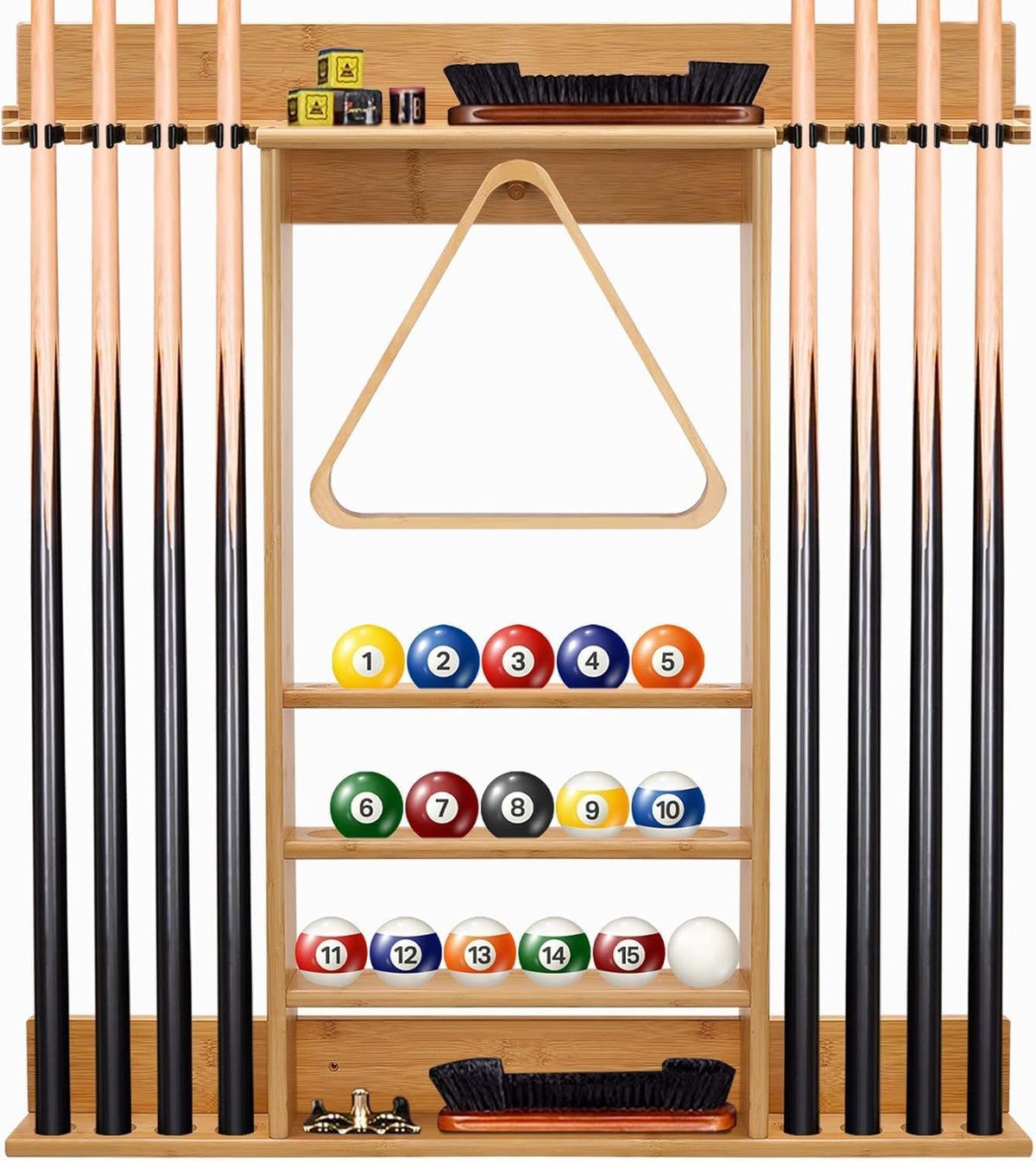 Close frontal view of a bamboo cue rack with numbered pool balls on shelves, brush and cue holders.