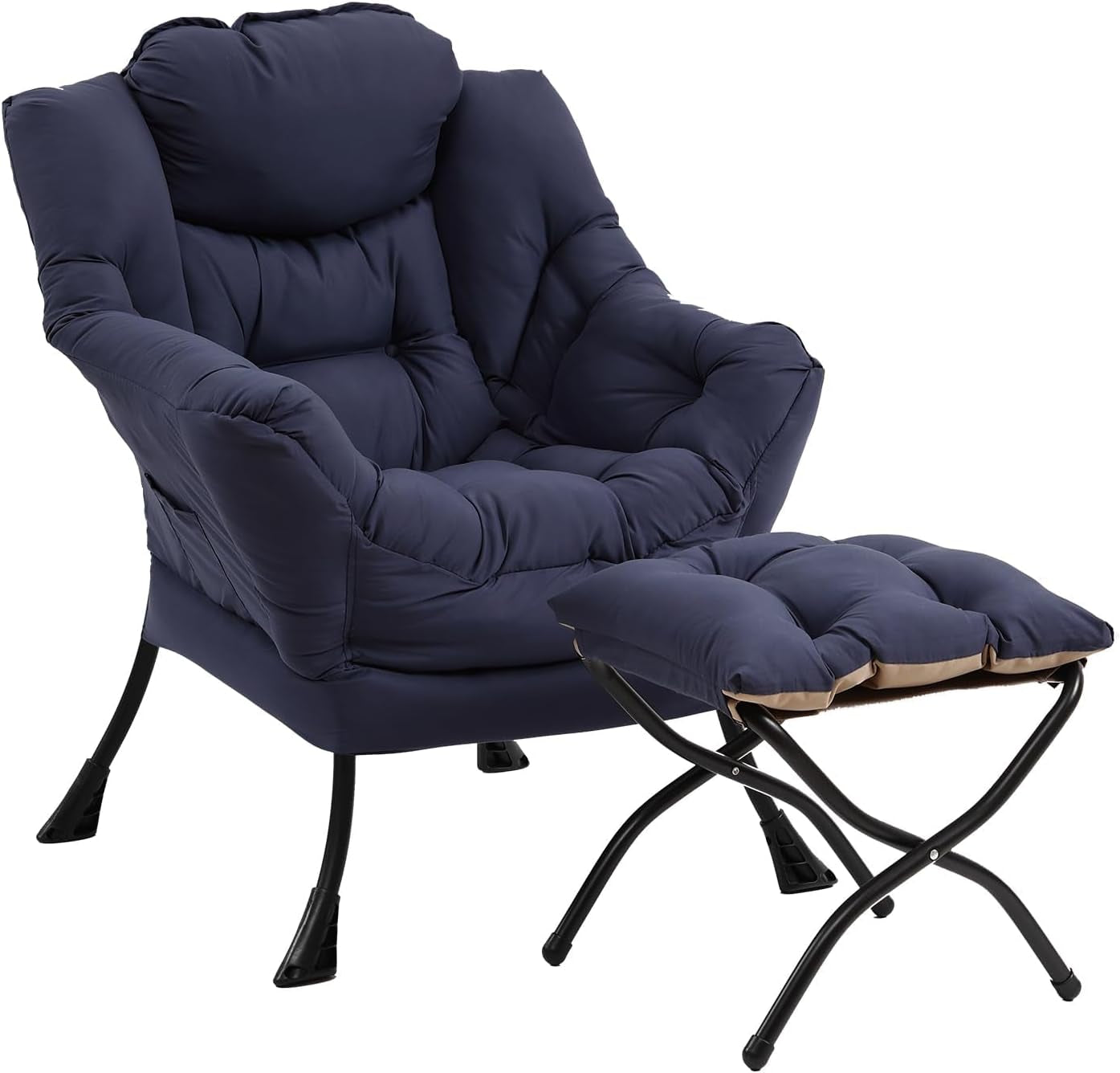 Navy blue padded lounge chair and tufted ottoman on white background, angled view