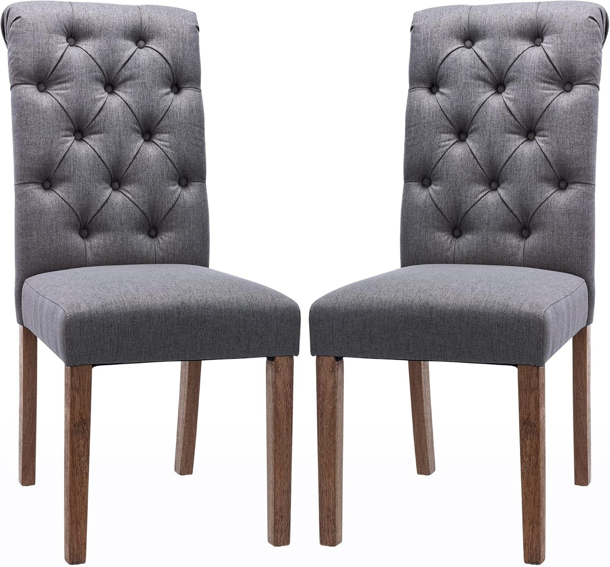 Two gray tufted Parsons chairs side-by-side on a white background showing wooden legs.