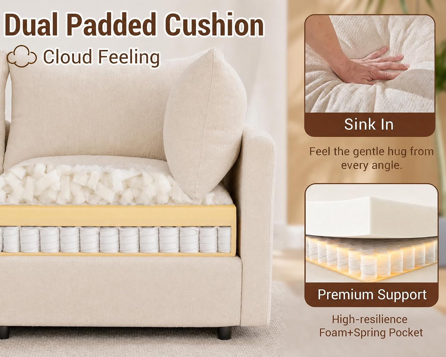Cutaway infographic of a cream sofa cushion with foam and pocket spring layers.