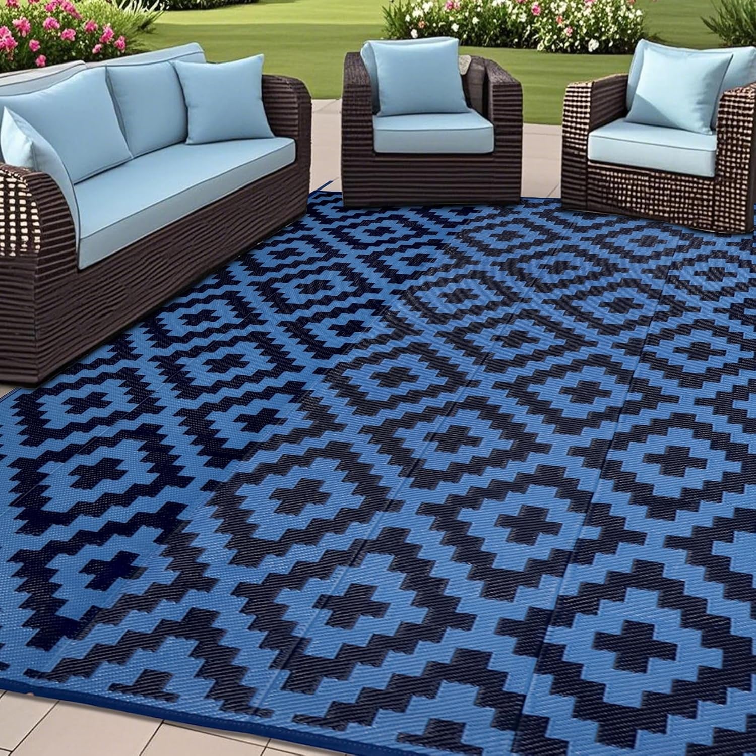 Waterproof Outdoor Rug 5x8 ft, Plastic Reversible Rug, Modern Area Rug, Large Floor Mat for Outdoors, RV, Patio, Backyard, Deck, Picnic, Beach, Camping, Black & Beige