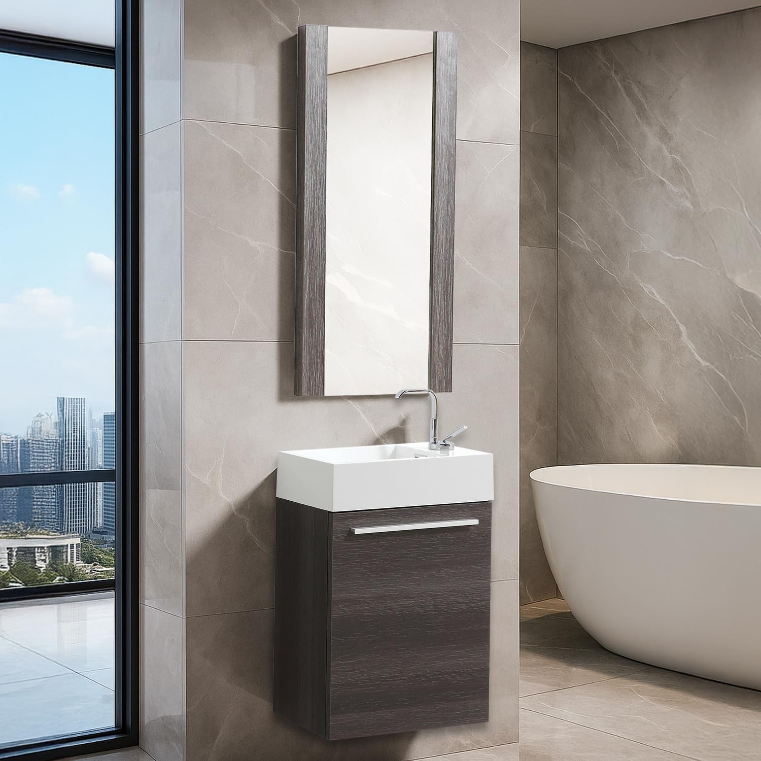 Dark oak floating vanity with white sink and chrome faucet beside a freestanding tub and tall mirror.