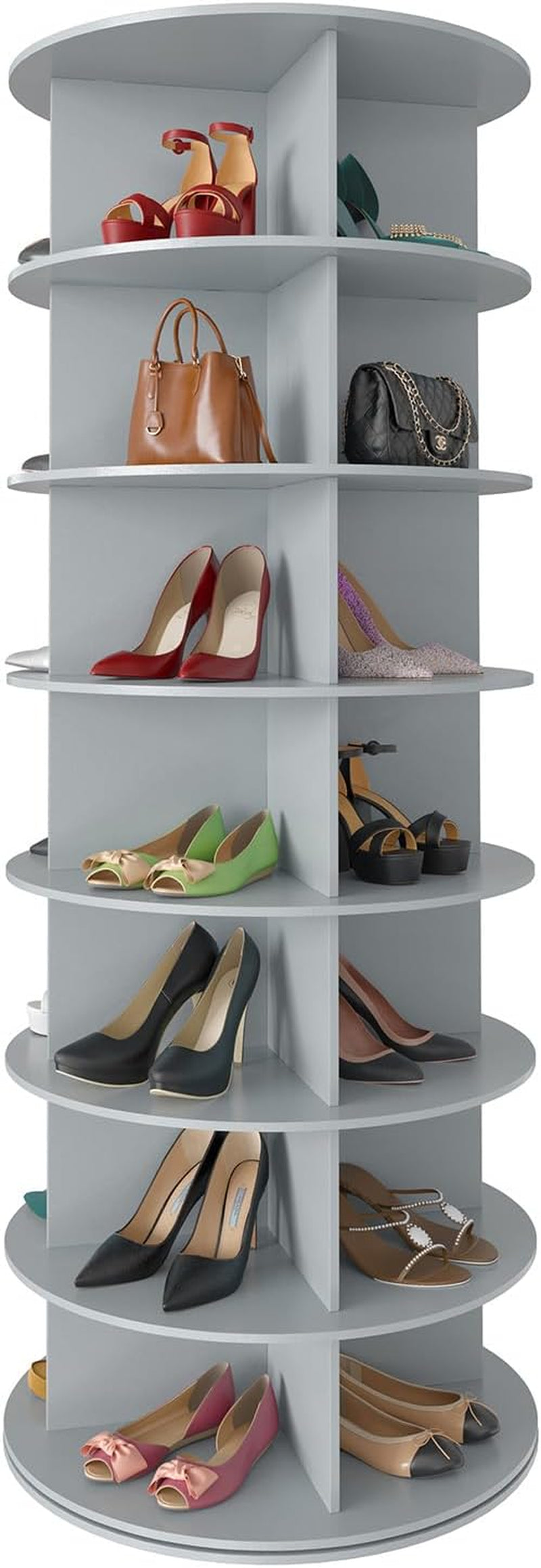 Tight vertical crop showing several middle tiers filled with heels and small bags, emphasizing shelf depth.