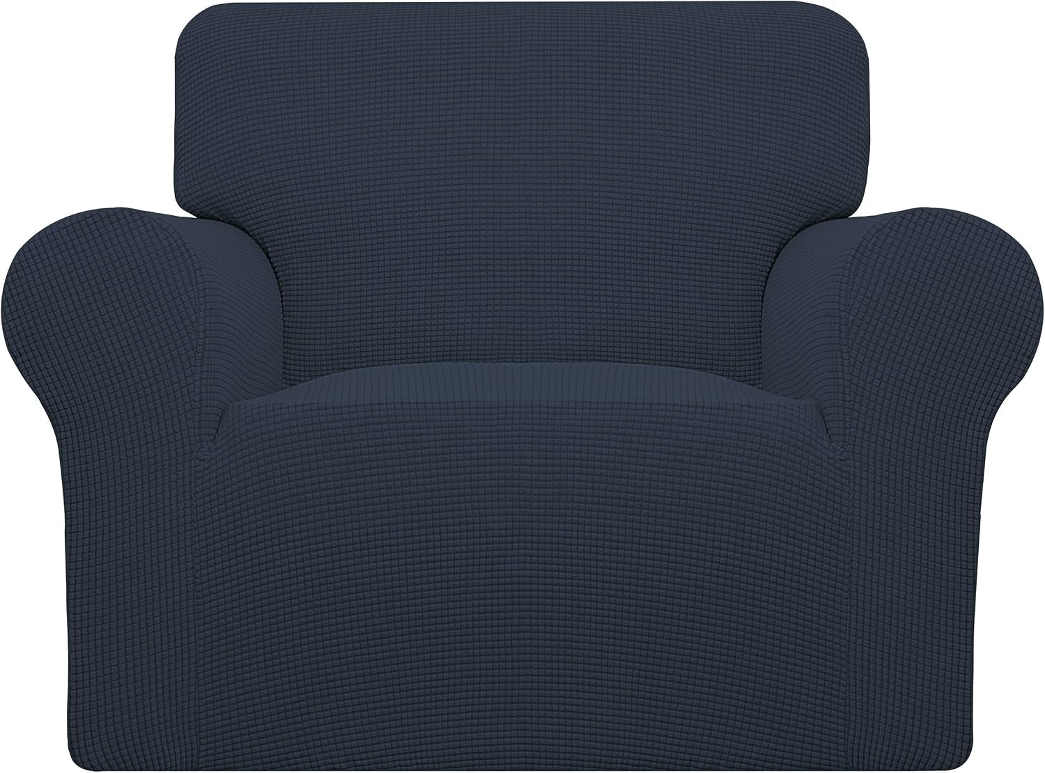 Front view of a single-seat armchair covered in a textured dark blue-gray stretchy slipcover