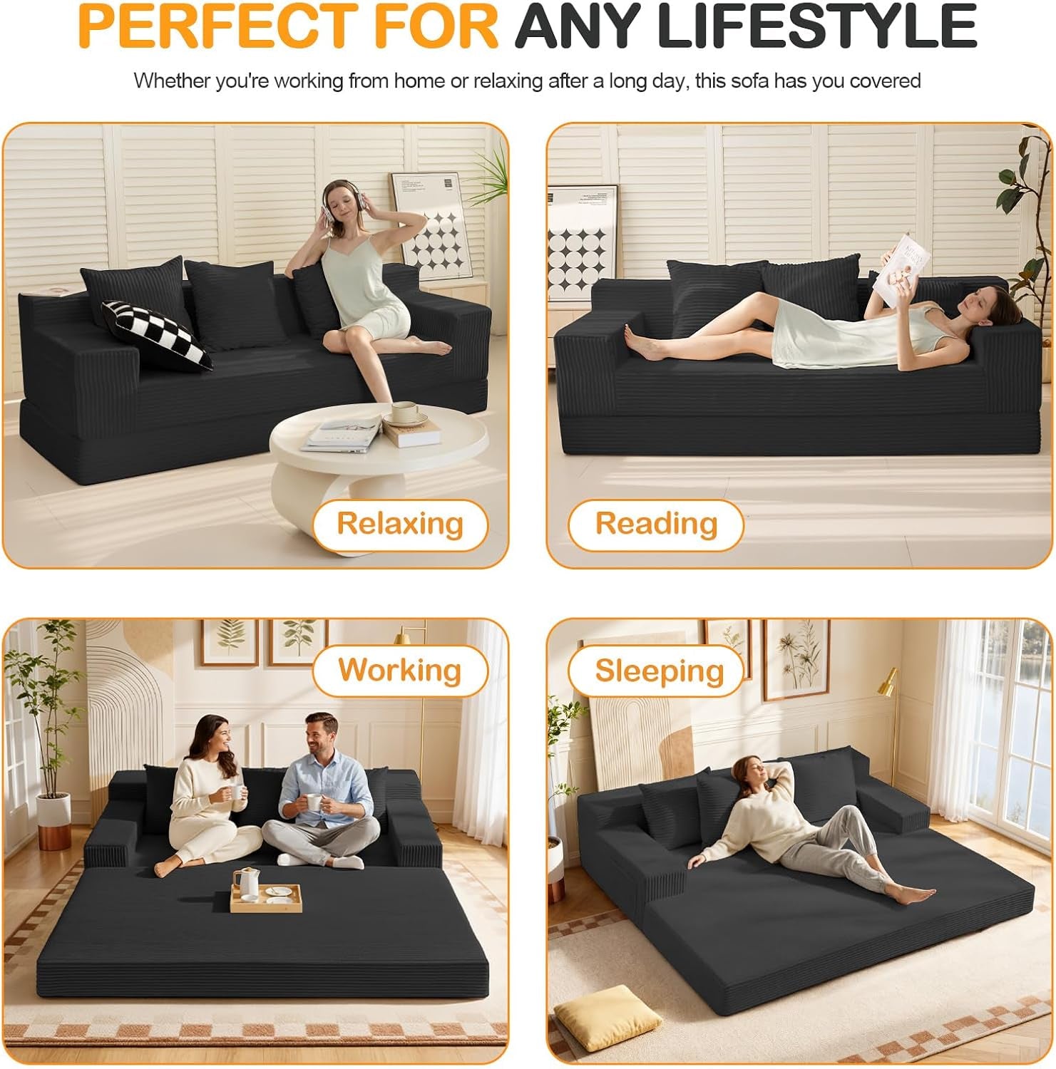 Four lifestyle vignettes showing relaxing, reading, working and sleeping arrangements on the sofa