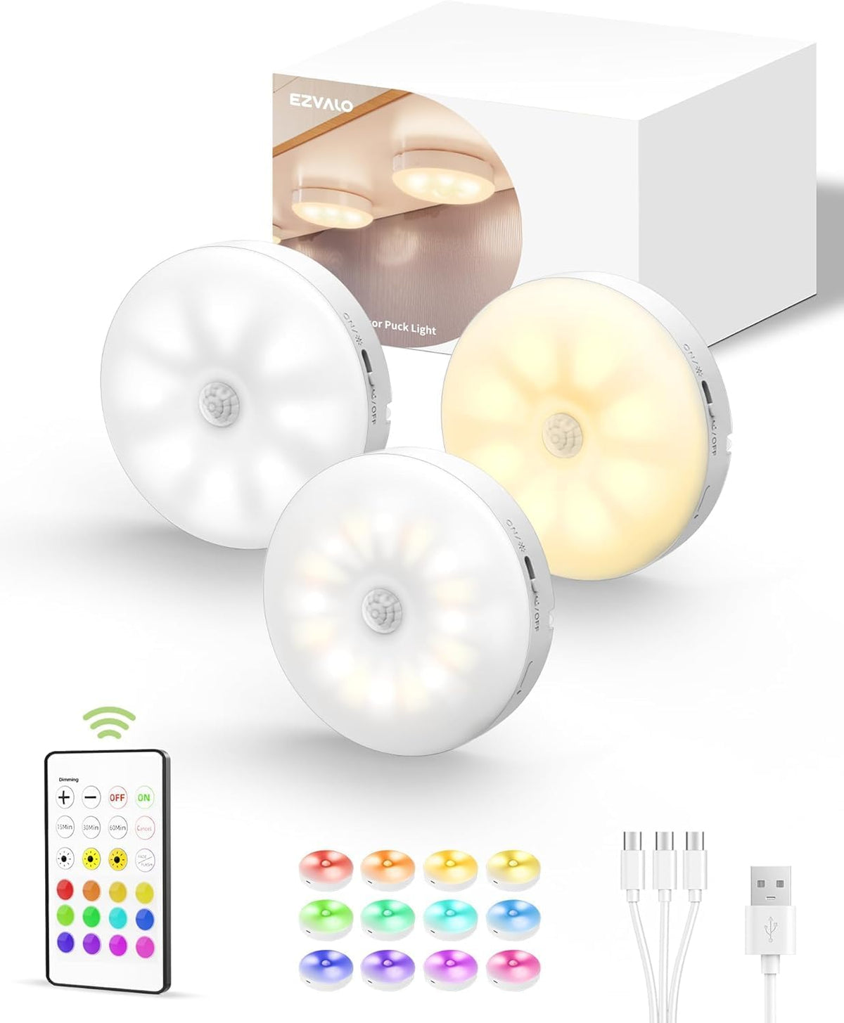 Three lights staged in front of a product box with remote, color sample icons and charging cable below.