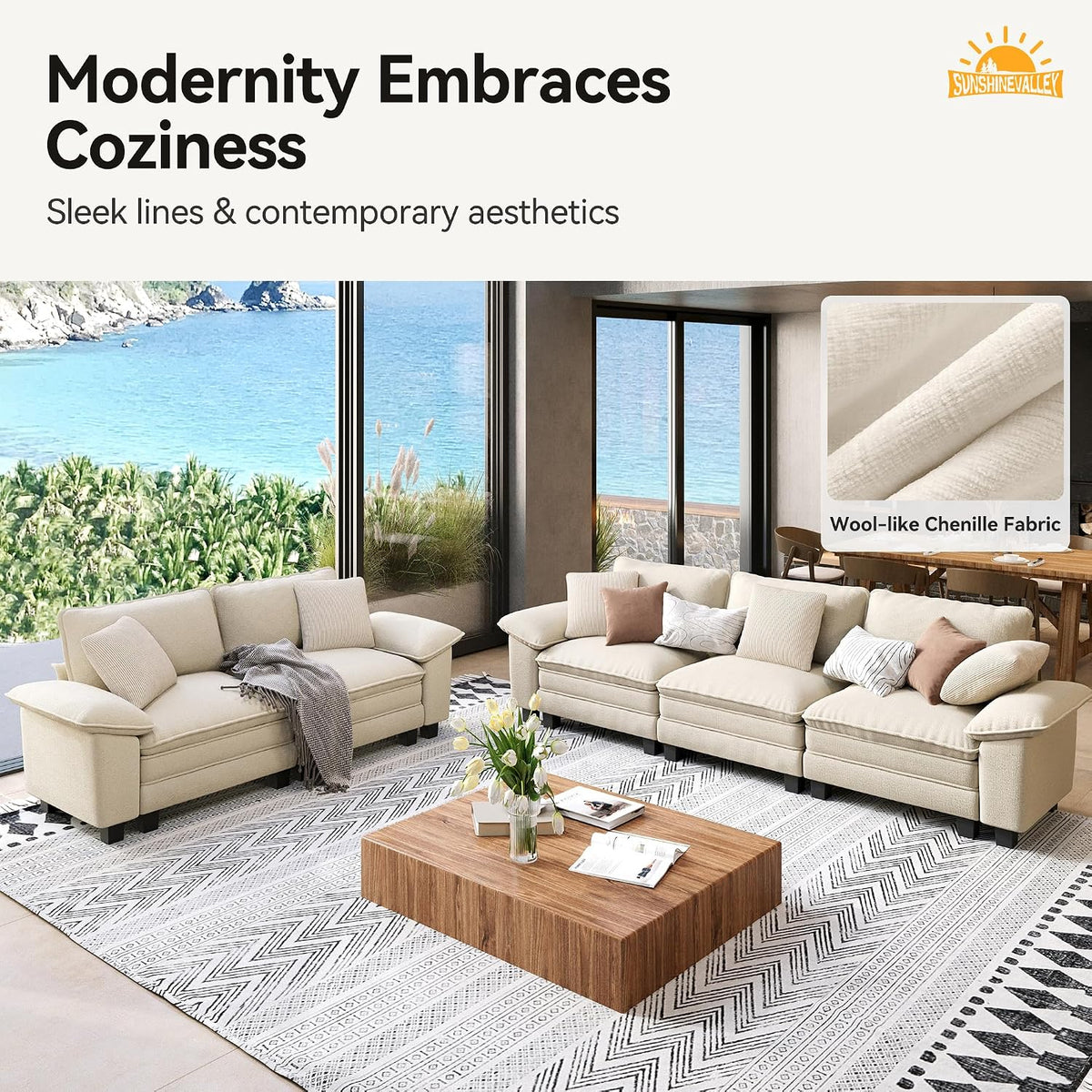 Living room scene with a beige three-seat sofa and matching loveseat on a patterned rug, low wood coffee table and ocean