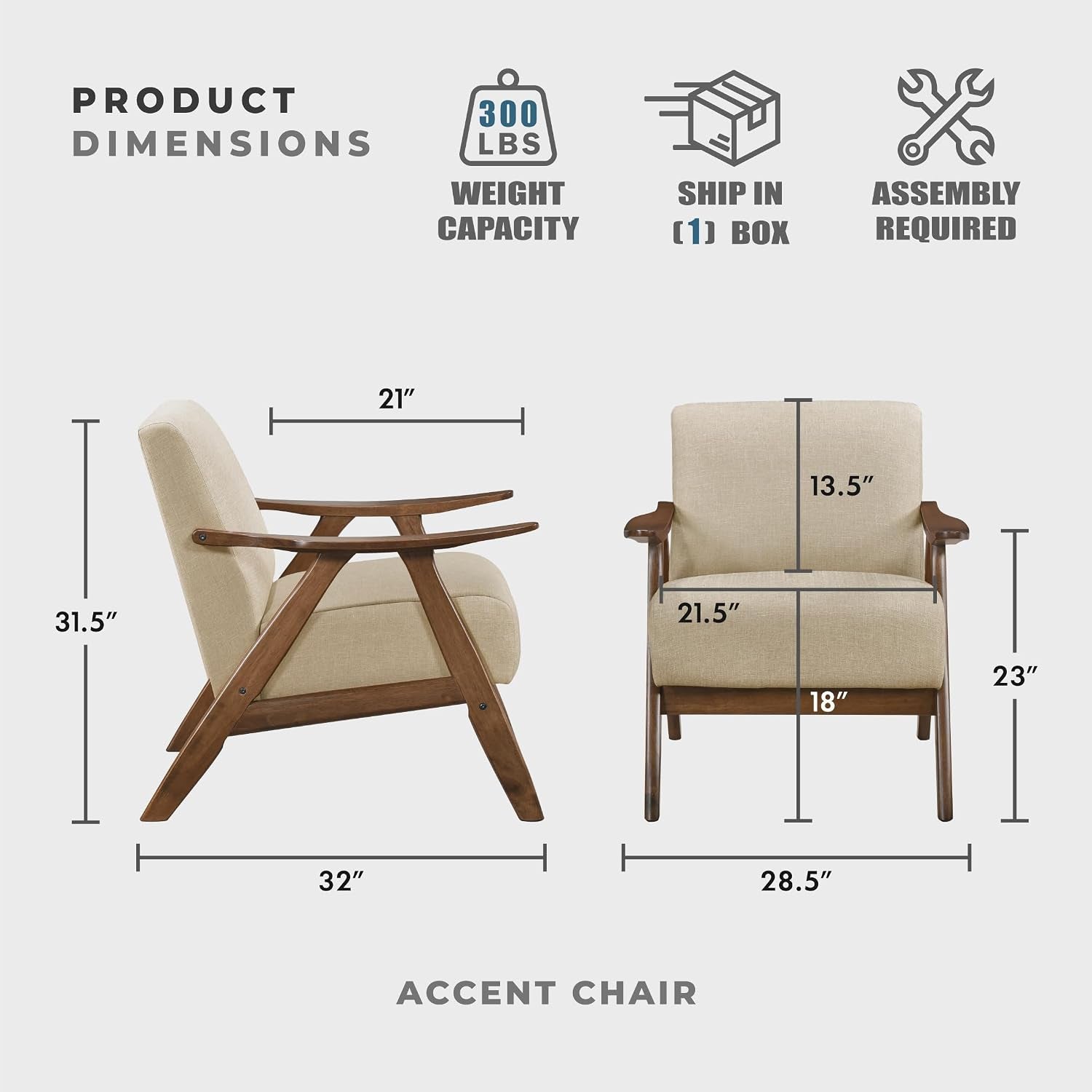 Dimension diagram for accent chair showing 32" depth, 28.5" width and 31.5" height