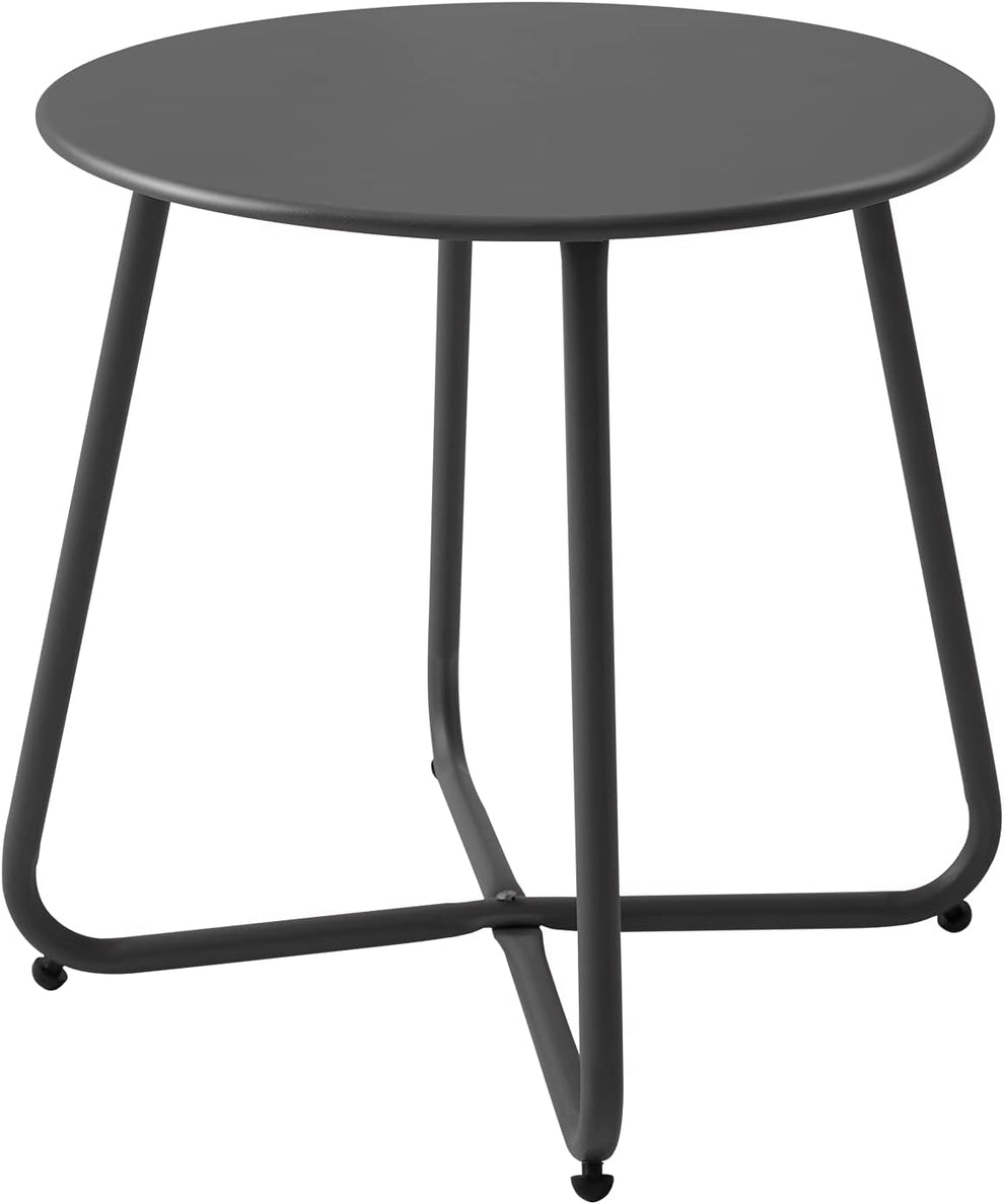 Round metal side table in black showing top and X-frame legs close-up