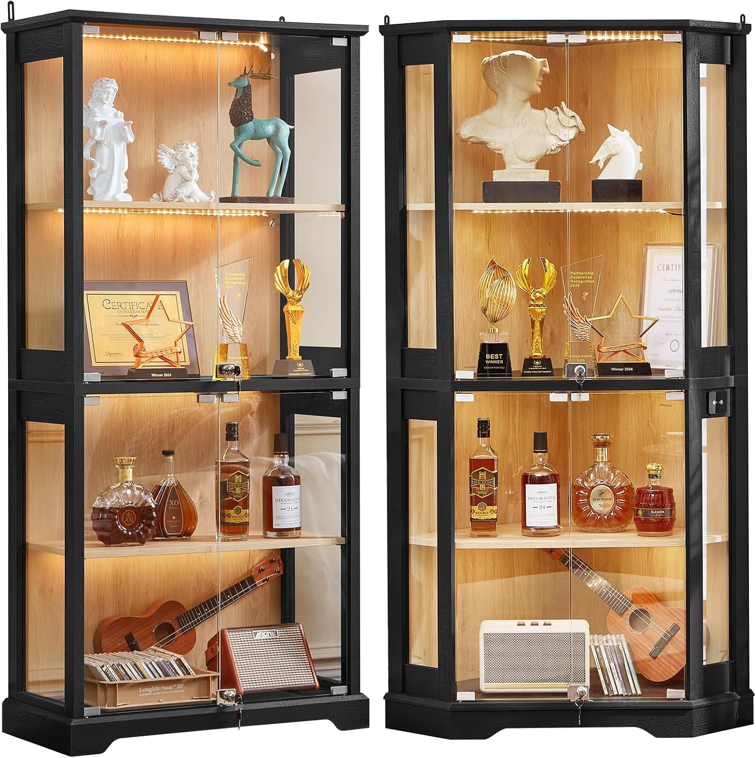 Two black glass display cabinets side by side, each with three lit shelves and decor