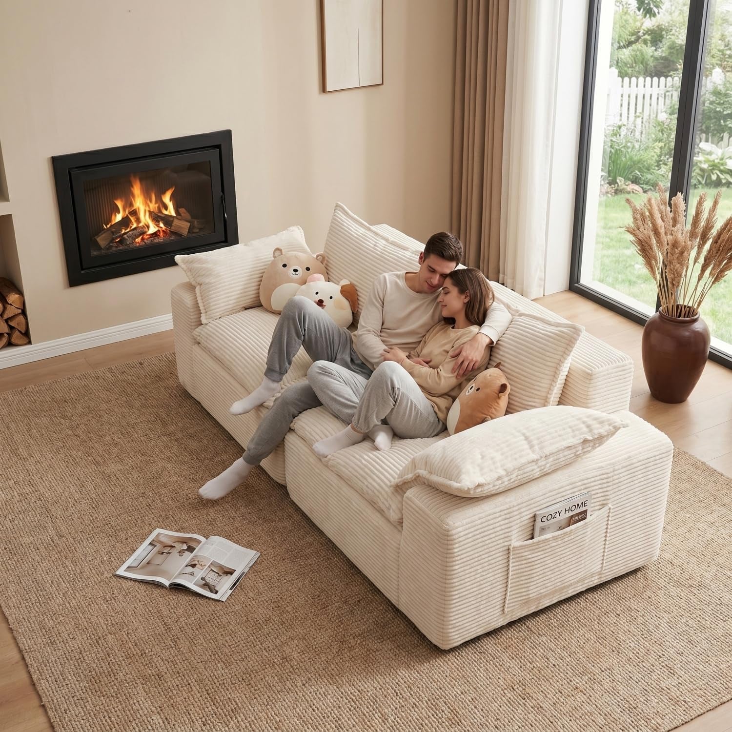 Cream corduroy L-shaped sectional with couple cuddling by a fireplace in a bright living room.